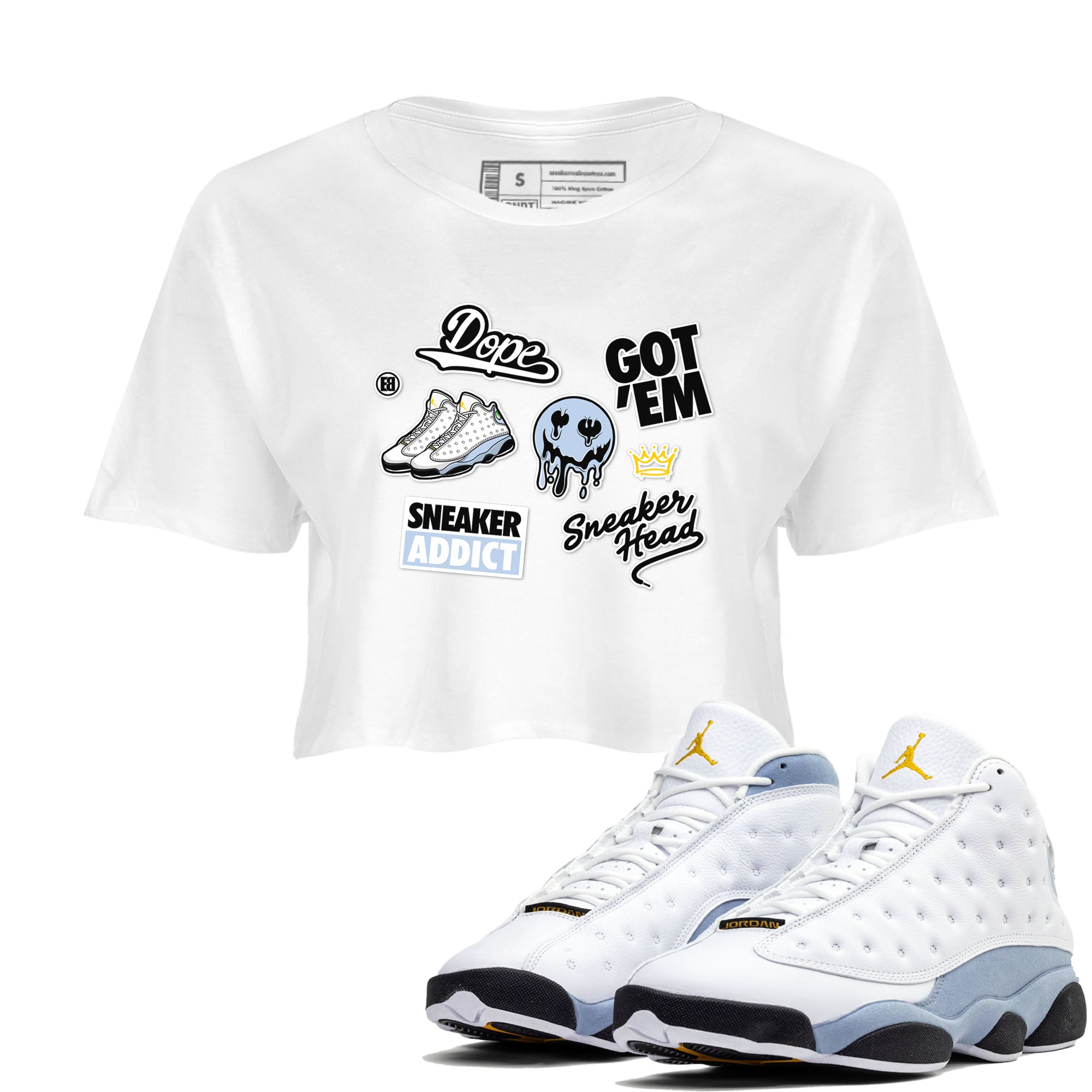 13s Blue Grey shirt to match jordans Sneakerhead Sticker sneaker tees Air Jordan 13 Retro Blue Grey Drip Gear Zone White 1 crop length shirt