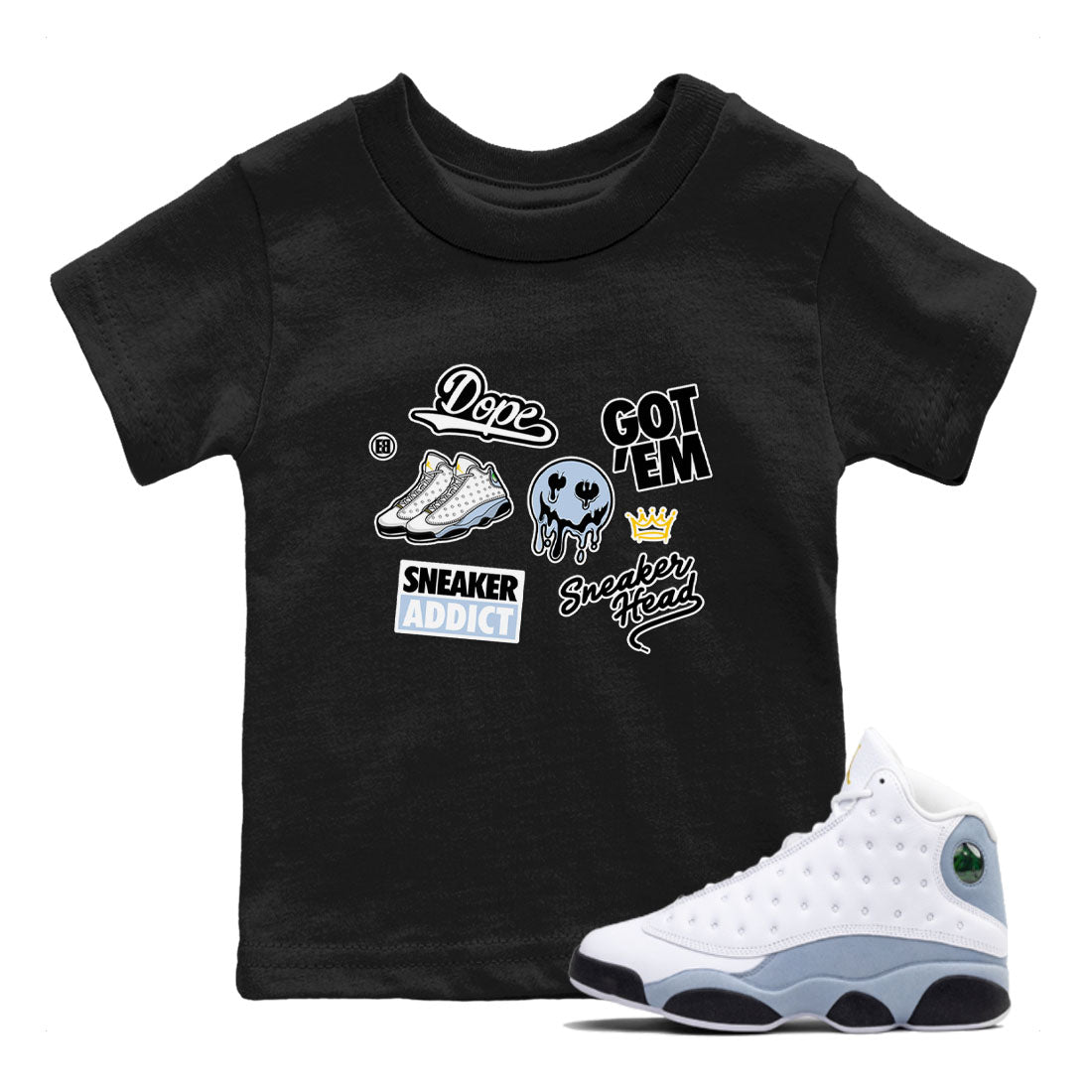 13s Blue Grey shirt to match jordans Sneakerhead Sticker sneaker tees Air Jordan 13 Retro Blue Grey Drip Gear Zone baby toddler Black 1 cotton Shirt