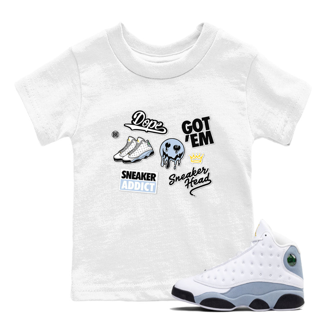 13s Blue Grey shirt to match jordans Sneakerhead Sticker sneaker tees Air Jordan 13 Retro Blue Grey Drip Gear Zone baby toddler White 1 cotton Shirt