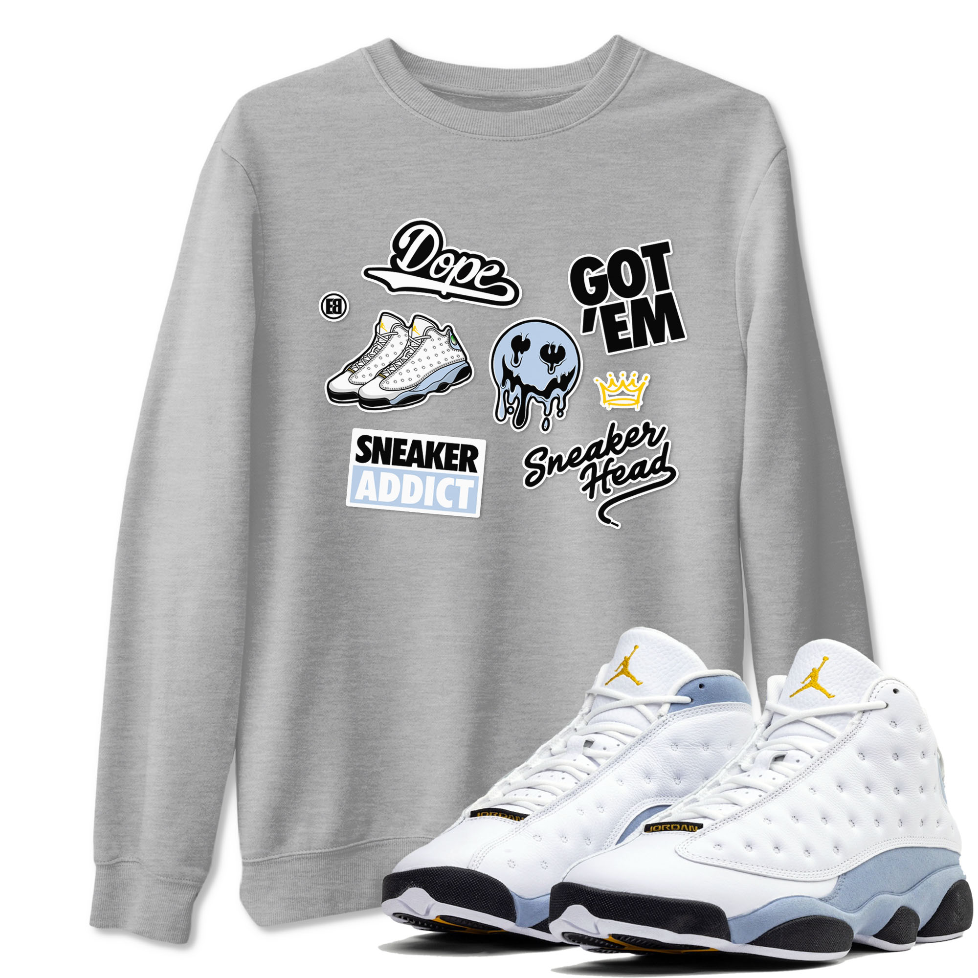 13s Blue Grey shirt to match jordans Sneakerhead Sticker sneaker tees Air Jordan 13 Retro Blue Grey Drip Gear Zone unisex cotton Heather Grey 1 crew neck shirt