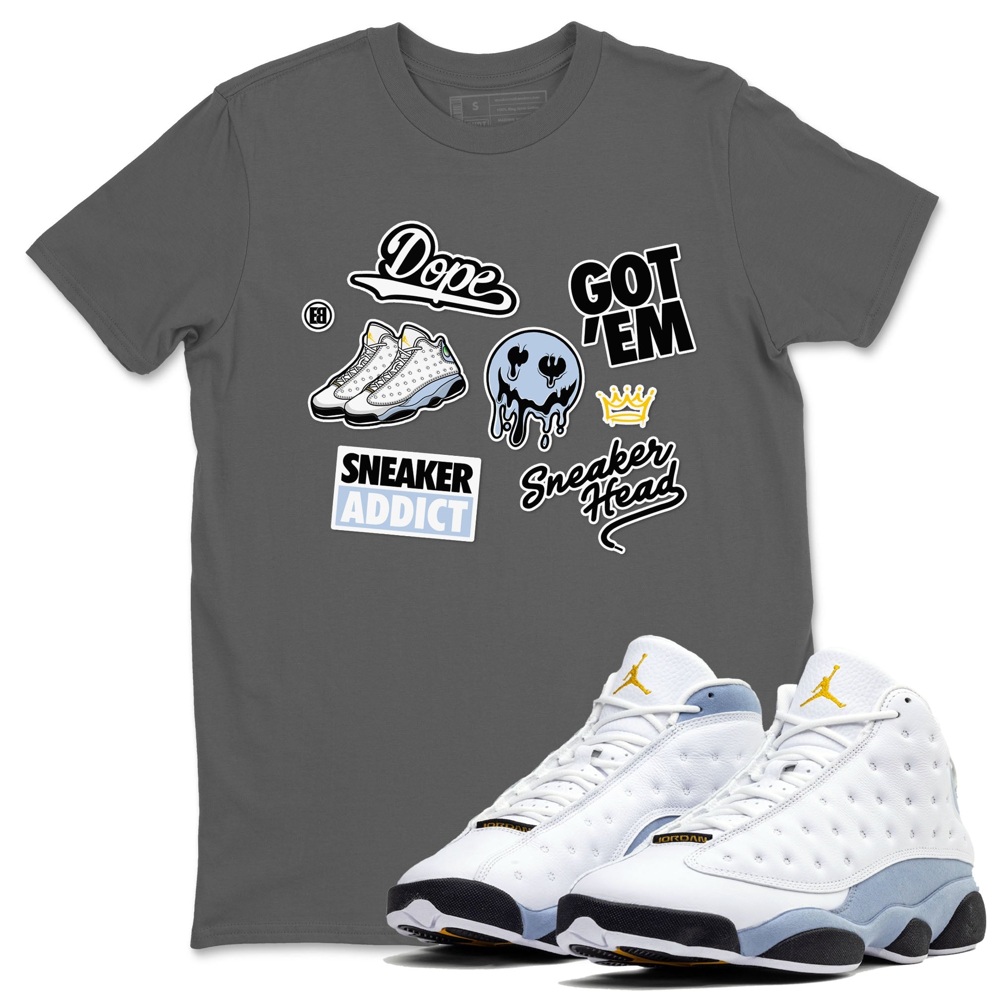 13s Blue Grey shirt to match jordans Sneakerhead Sticker sneaker tees Air Jordan 13 Retro Blue Grey Drip Gear Zone unisex cotton Cool Grey 1 crew neck shirt