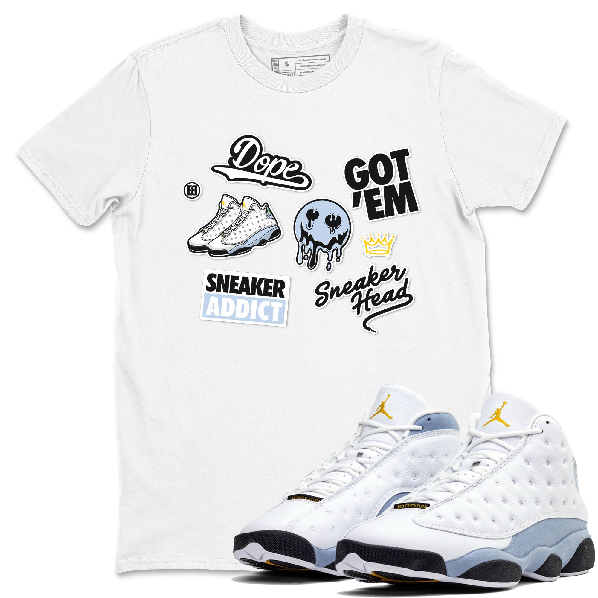 13s Blue Grey shirt to match jordans Sneakerhead Sticker sneaker tees Air Jordan 13 Retro Blue Grey Drip Gear Zone unisex cotton White 1 crew neck shirt