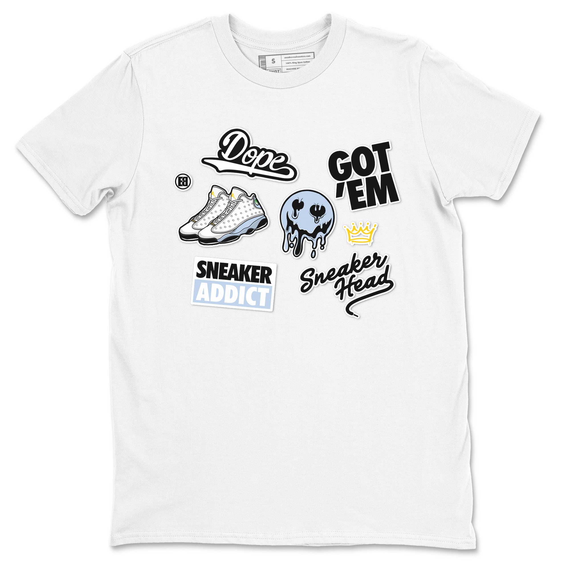 13s Blue Grey shirt to match jordans Sneakerhead Sticker sneaker tees Air Jordan 13 Retro Blue Grey Drip Gear Zone unisex cotton White 2 crew neck shirt