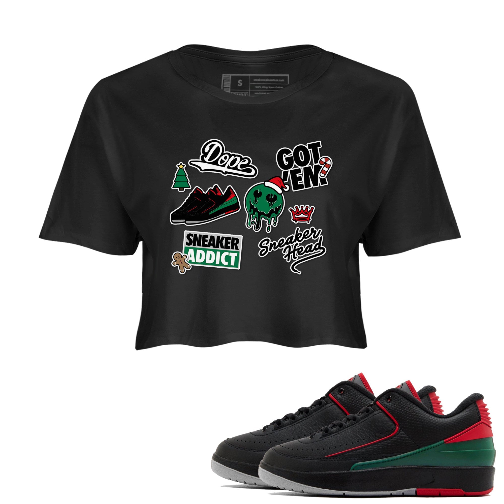 Air Jordan 2 Low Christmas shirt to match jordans Speicla Holiday Christmas Shirts Sneakerhead Sticker sneaker tees Air Jordan 2 Christmas Drip Gear Zone Sneaker Matching Shirt Black 1 Crop T-Shirt