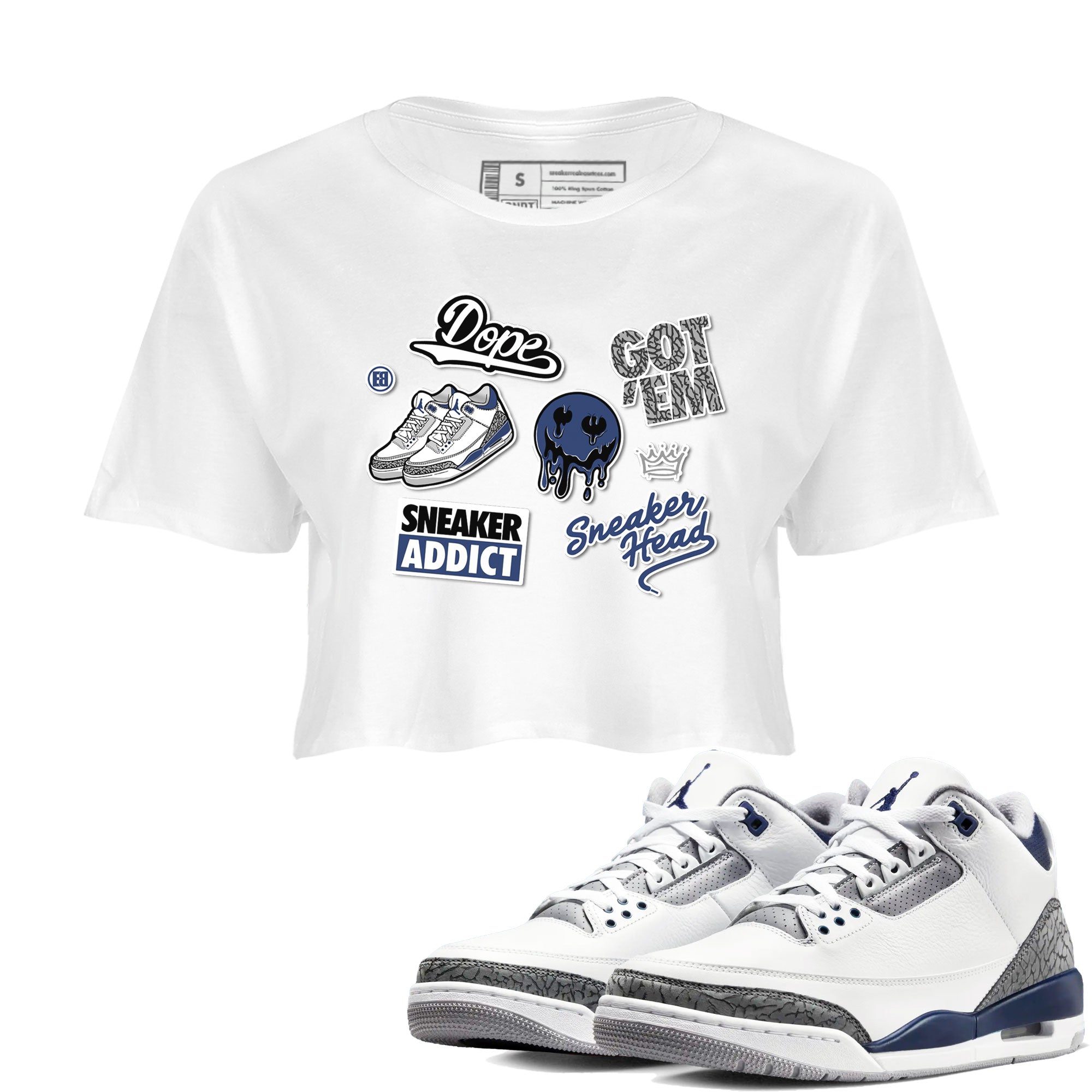 3s Midnight Navy shirt to match jordans Sneakerhead Sticker sneaker match tee Air Jordan 3 Midnight Navy Drip Gear Zone White 1 women's crop tee