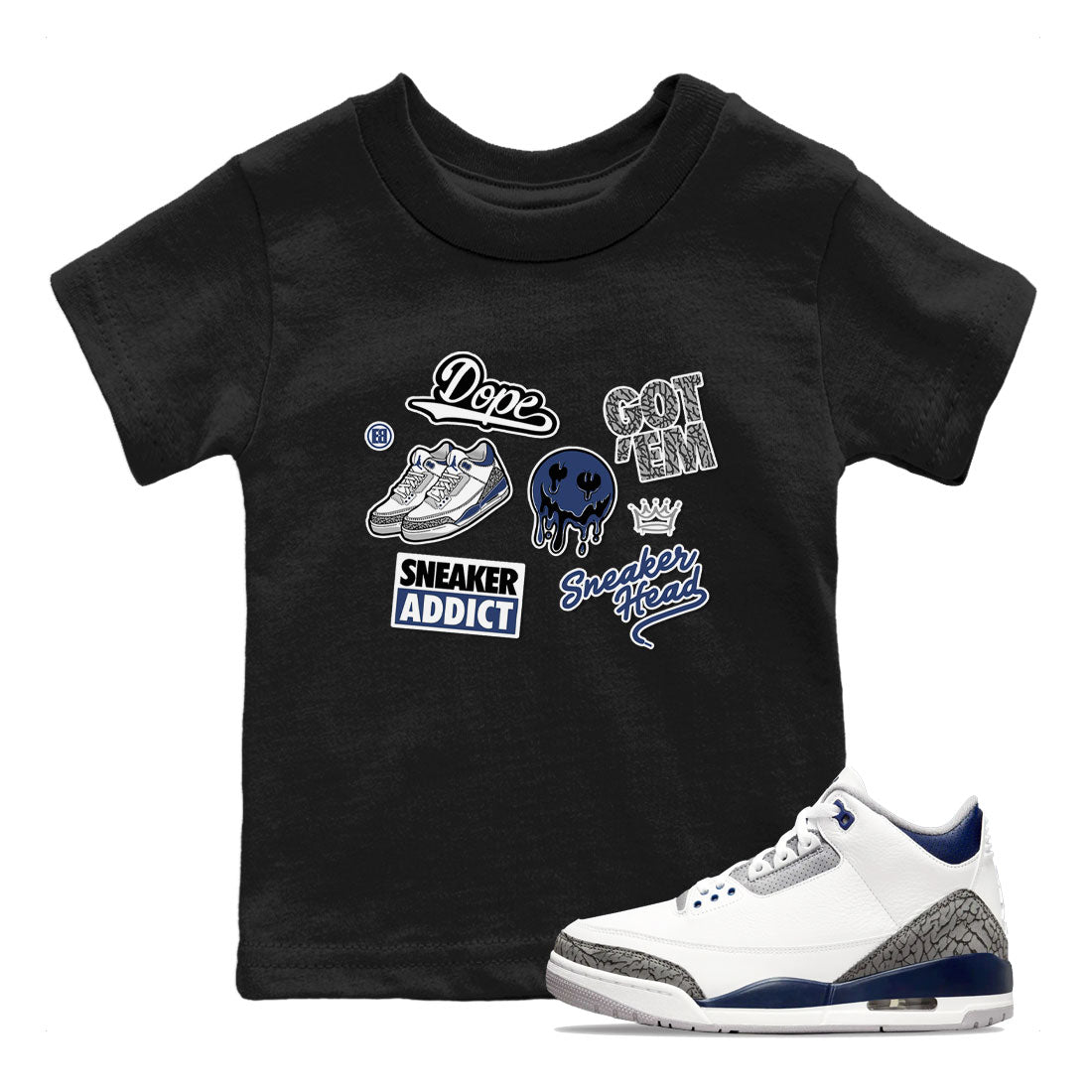 3s Midnight Navy shirt to match jordans Sneakerhead Sticker sneaker match tee Air Jordan 3 Midnight Navy Drip Gear Zone baby toddler Black 1 cotton Shirt