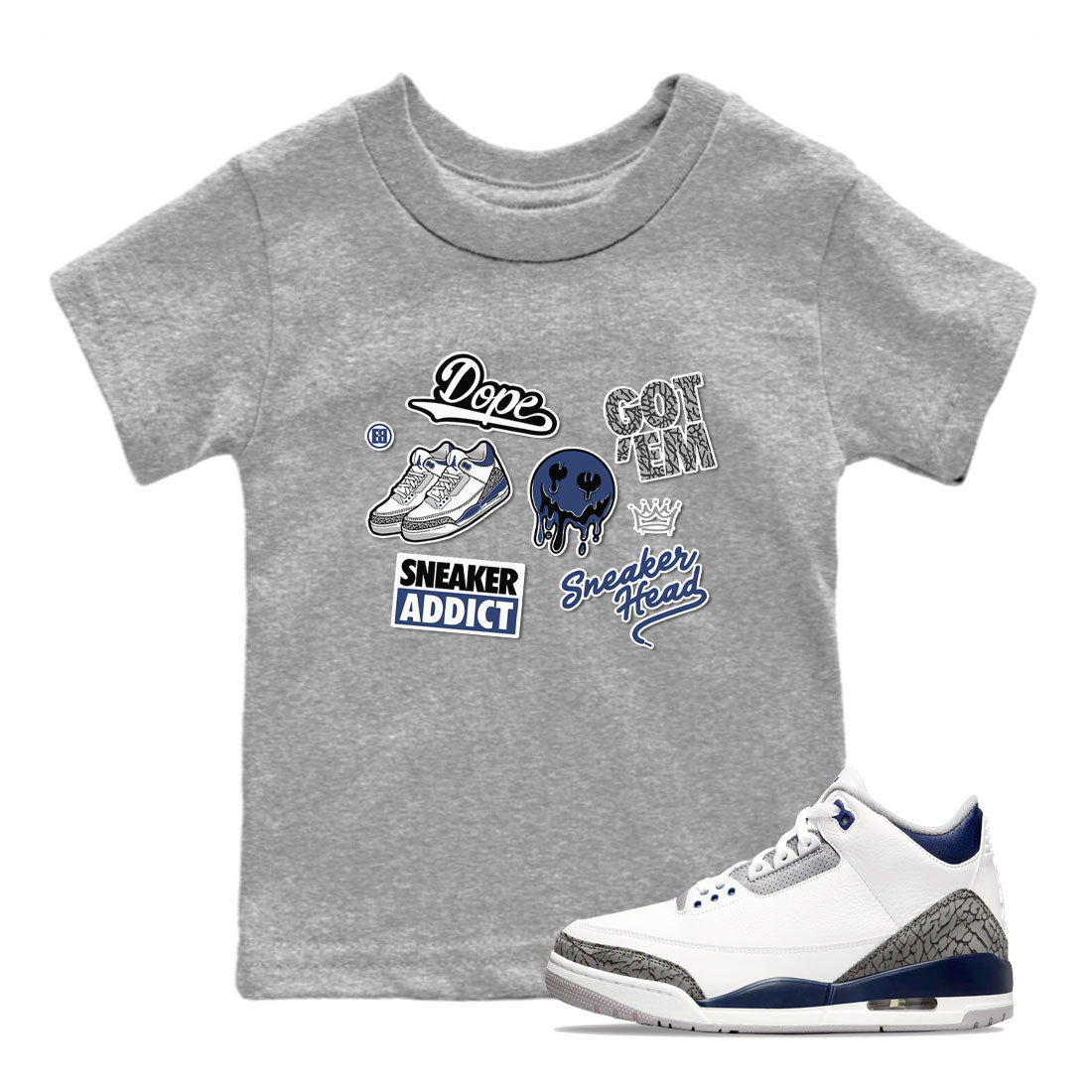 3s Midnight Navy shirt to match jordans Sneakerhead Sticker sneaker match tee Air Jordan 3 Midnight Navy Drip Gear Zone baby toddler Heather Grey 1 cotton Shirt