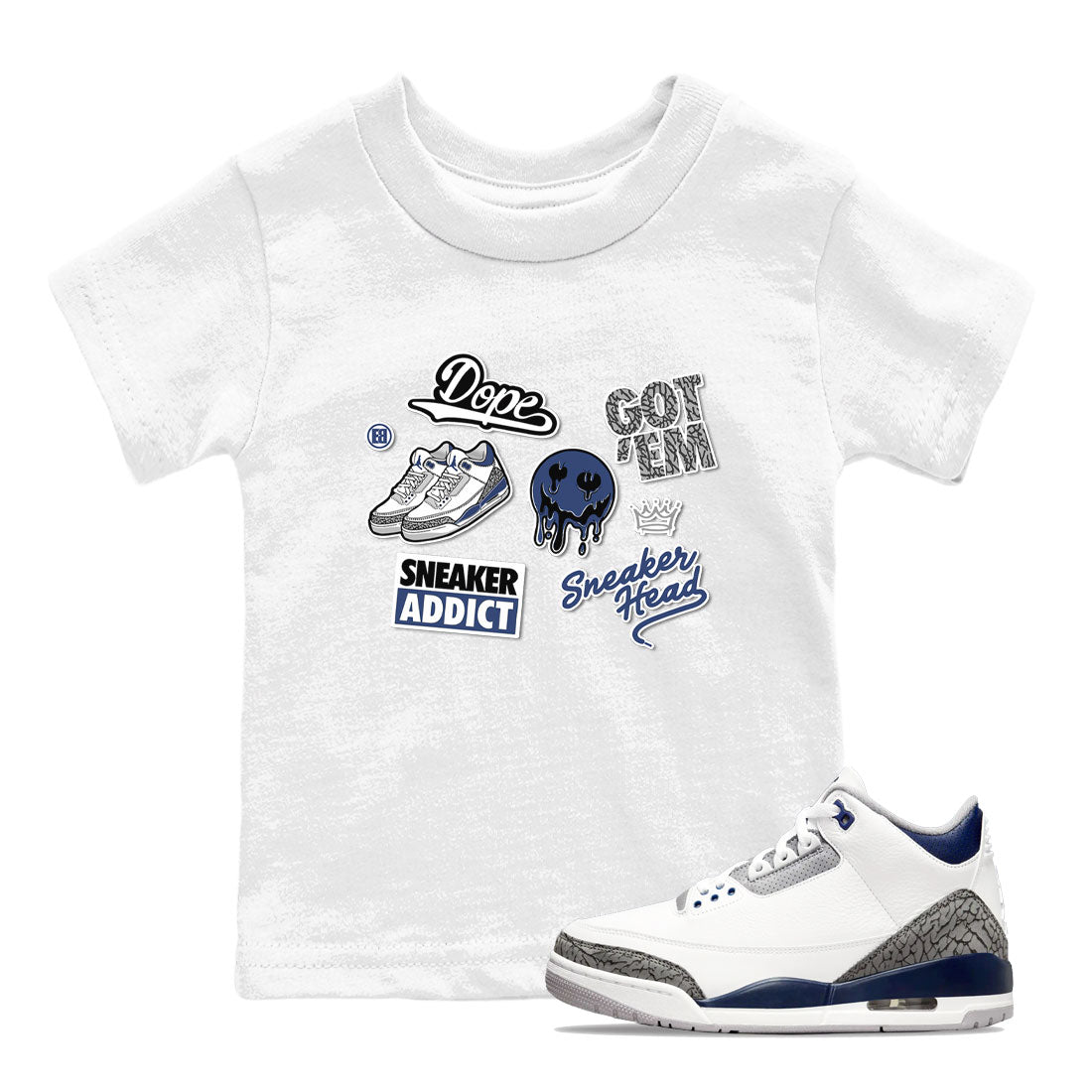 3s Midnight Navy shirt to match jordans Sneakerhead Sticker sneaker match tee Air Jordan 3 Midnight Navy Drip Gear Zone baby toddler White 1 cotton Shirt