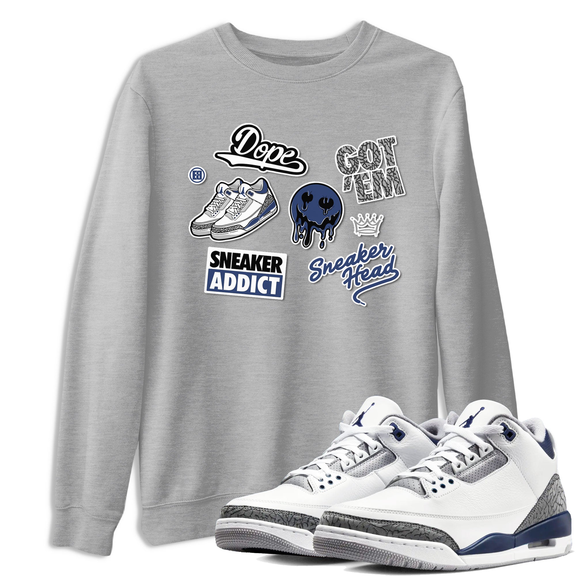 3s Midnight Navy shirt to match jordans Sneakerhead Sticker sneaker match tee Air Jordan 3 Midnight Navy Drip Gear Zone unisex cotton Heather Grey 1 crew neck shirt