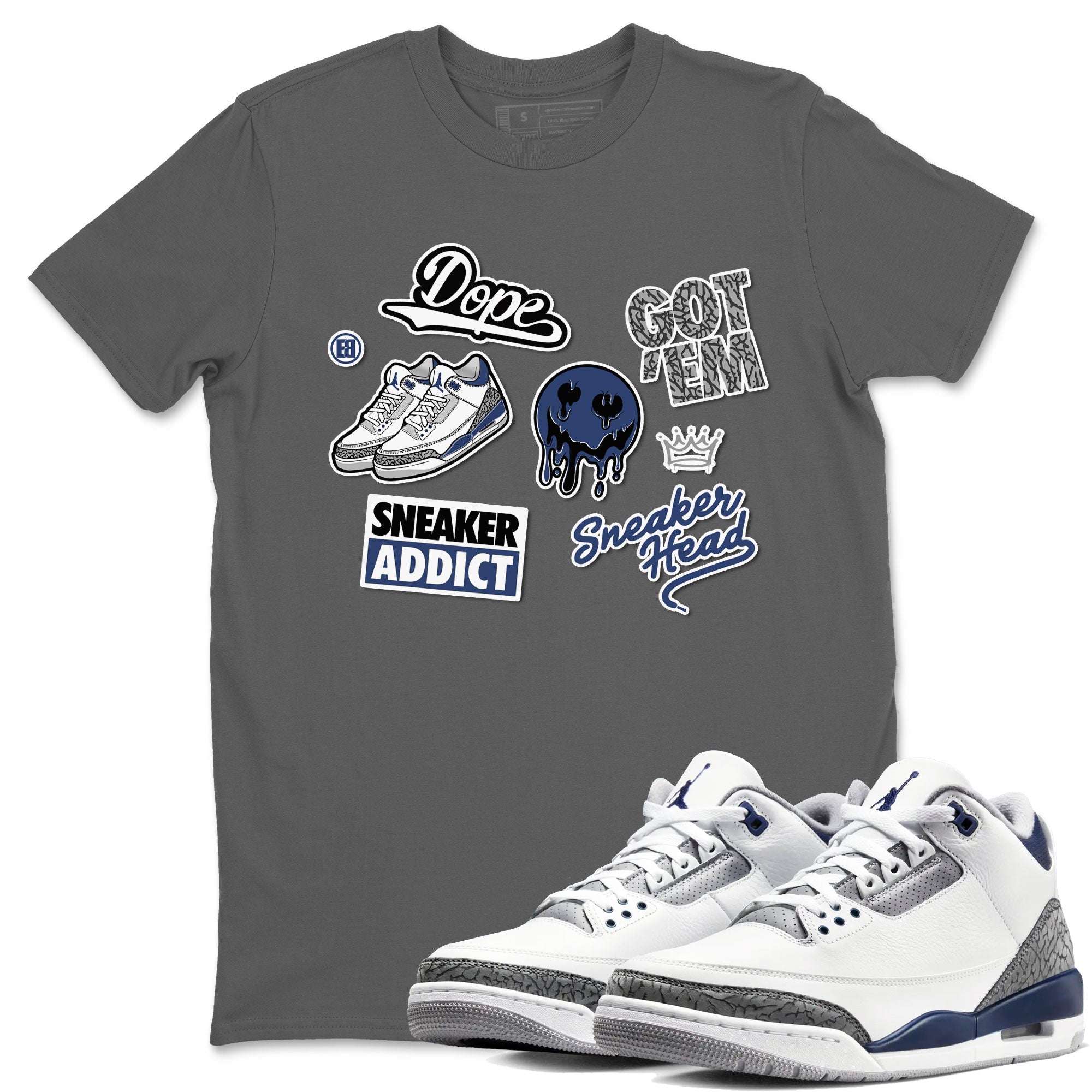 3s Midnight Navy shirt to match jordans Sneakerhead Sticker sneaker match tee Air Jordan 3 Midnight Navy Drip Gear Zone unisex cotton Cool Grey 1 crew neck shirt
