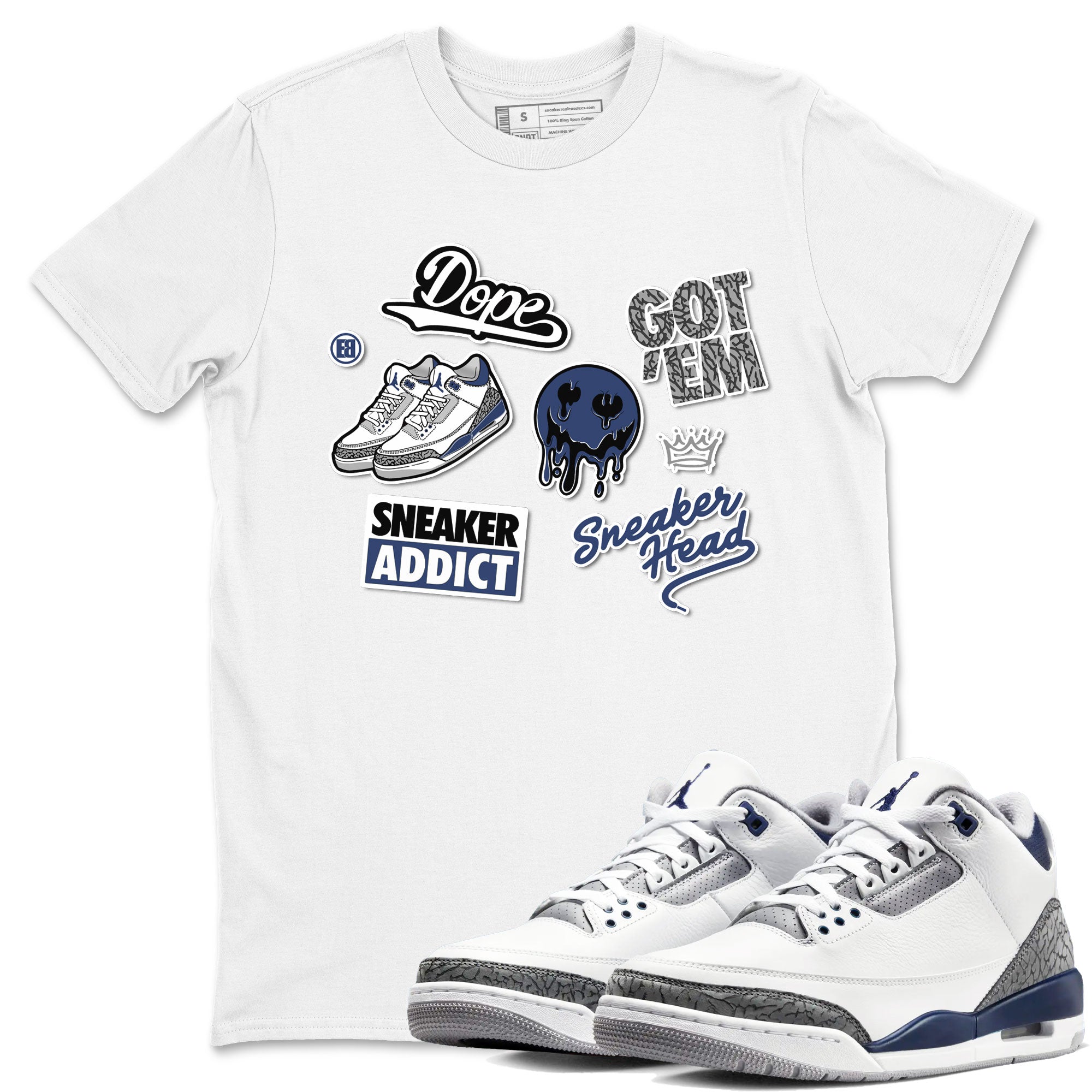 3s Midnight Navy shirt to match jordans Sneakerhead Sticker sneaker match tee Air Jordan 3 Midnight Navy Drip Gear Zone unisex cotton White 1 crew neck shirt