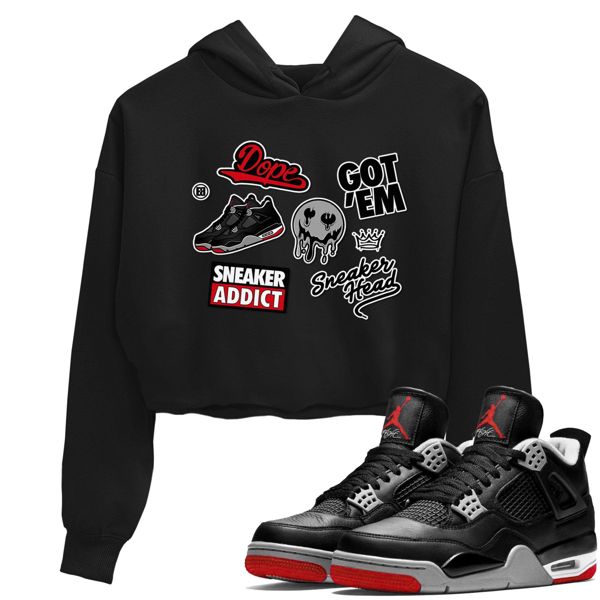AJ4 Retro Bred Reimagined shirt to match jordans Sneakerhead Sticker sneaker tees Air Jordan 4 Retro Bred Reimagined Drip Gear Zone Black 1 crop length shirt