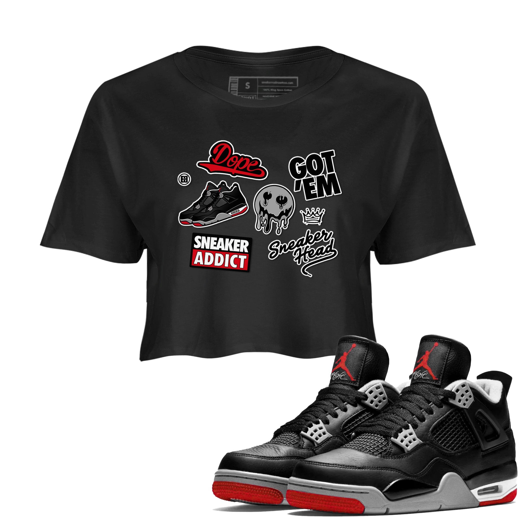 AJ4 Retro Bred Reimagined shirt to match jordans Sneakerhead Sticker sneaker tees Air Jordan 4 Retro Bred Reimagined Drip Gear Zone Black 1 crop length shirt