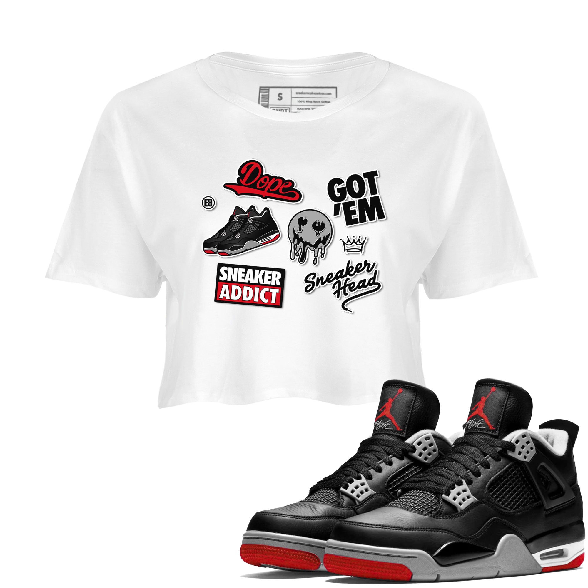 AJ4 Retro Bred Reimagined shirt to match jordans Sneakerhead Sticker sneaker tees Air Jordan 4 Retro Bred Reimagined Drip Gear Zone White 1 crop length shirt