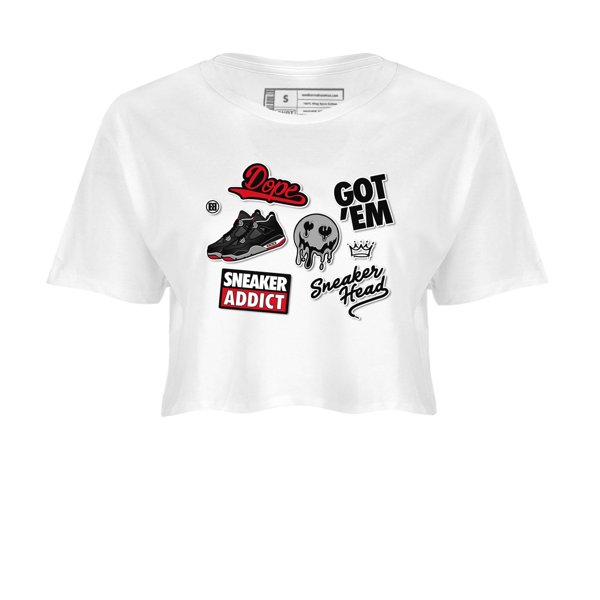 AJ4 Retro Bred Reimagined shirt to match jordans Sneakerhead Sticker sneaker tees Air Jordan 4 Retro Bred Reimagined Drip Gear Zone White 2 crop length shirt