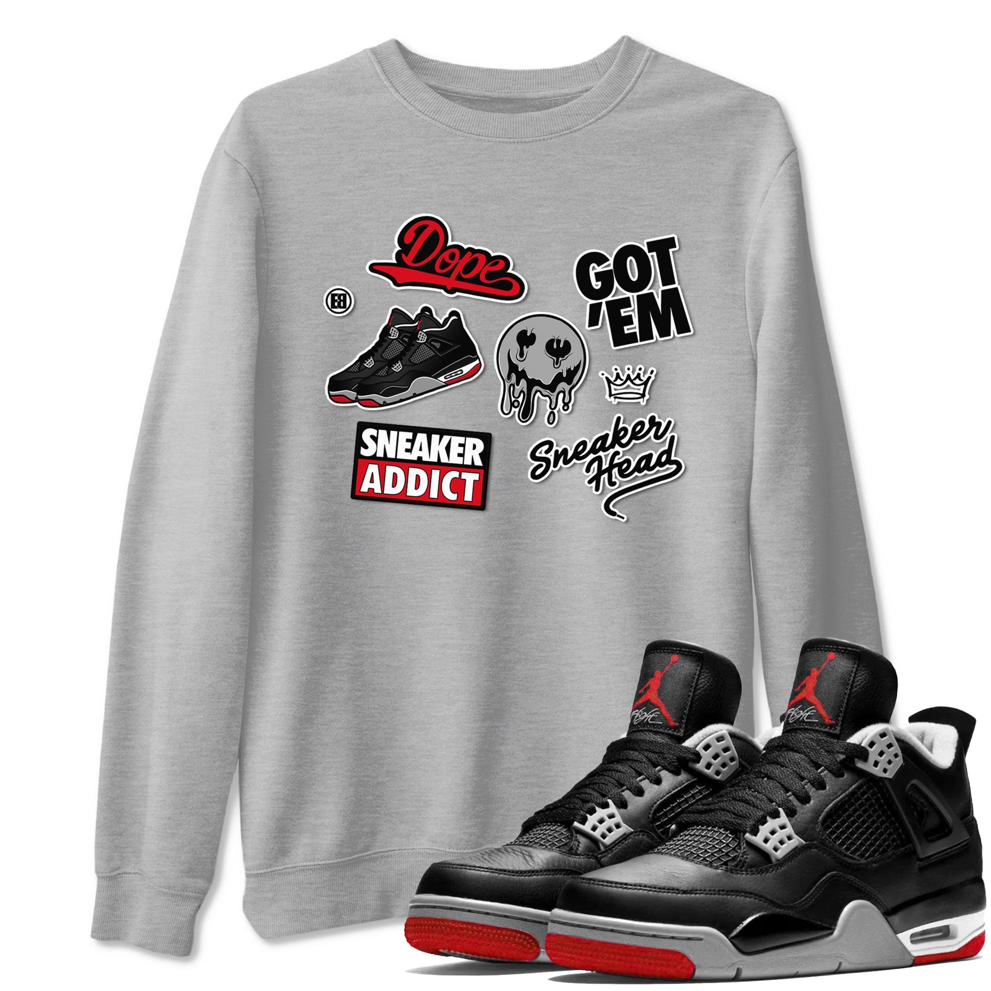AJ4 Retro Bred Reimagined shirt to match jordans Sneakerhead Sticker sneaker tees Air Jordan 4 Retro Bred Reimagined Drip Gear Zone unisex cotton Heather Grey 1 crew neck shirt