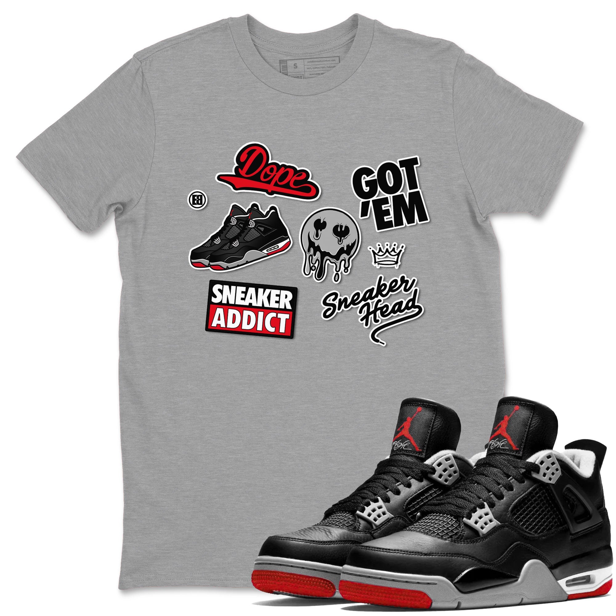 AJ4 Retro Bred Reimagined shirt to match jordans Sneakerhead Sticker sneaker tees Air Jordan 4 Retro Bred Reimagined Drip Gear Zone unisex cotton Heather Grey 1 crew neck shirt