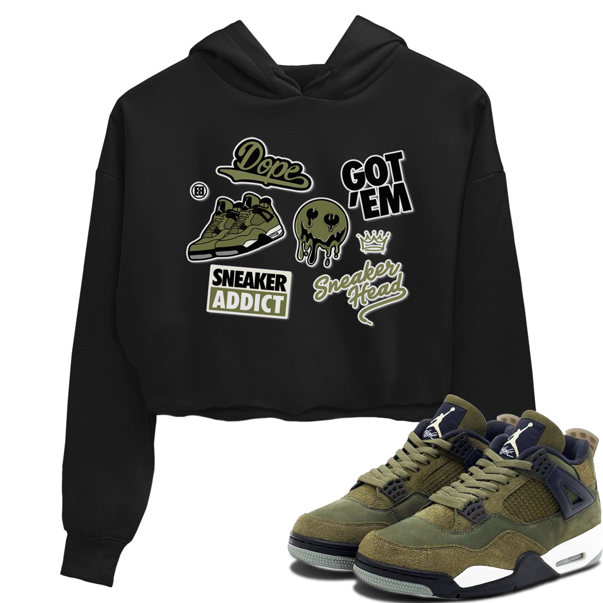 AJ4 Medium Olive shirt to match jordans streetwear brand Sneakerhead Sticker sneaker matching tees Air Jordan 4 Medium Olive Drip Gear Zone Black 1 Crop T-Shirt