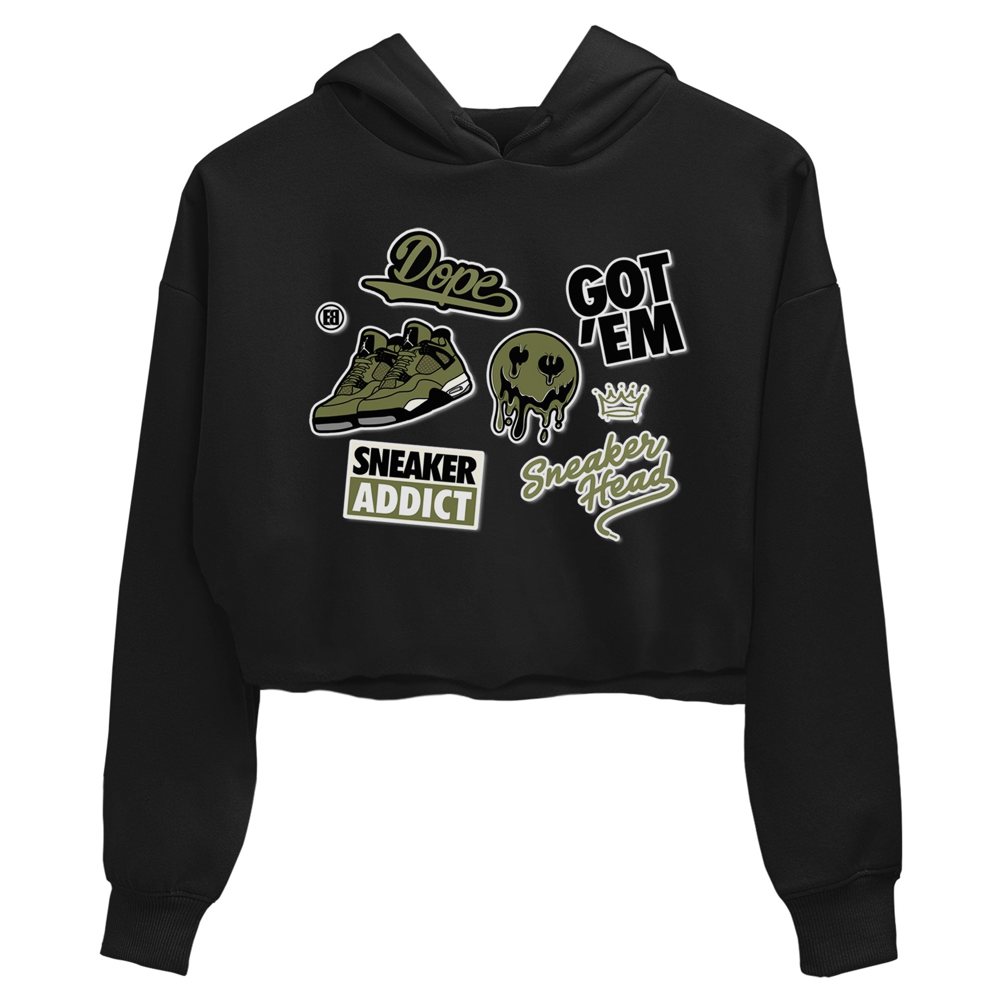 AJ4 Medium Olive shirt to match jordans streetwear brand Sneakerhead Sticker sneaker matching tees Air Jordan 4 Medium Olive Drip Gear Zone Black 2 Crop T-Shirt
