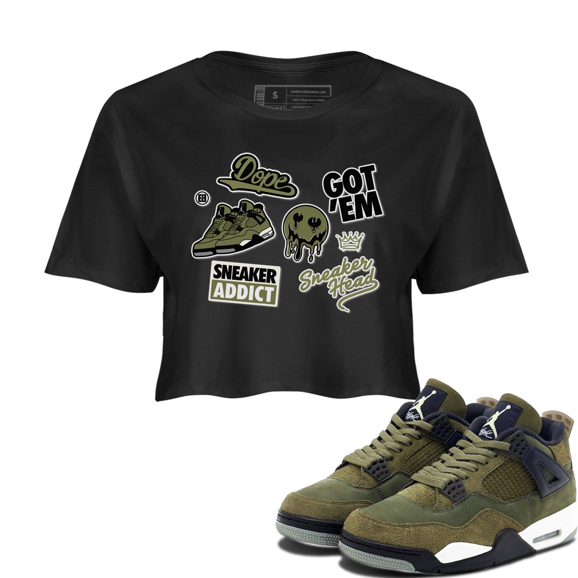 AJ4 Medium Olive shirt to match jordans streetwear brand Sneakerhead Sticker sneaker matching tees Air Jordan 4 Medium Olive Drip Gear Zone Black 1 Crop T-Shirt