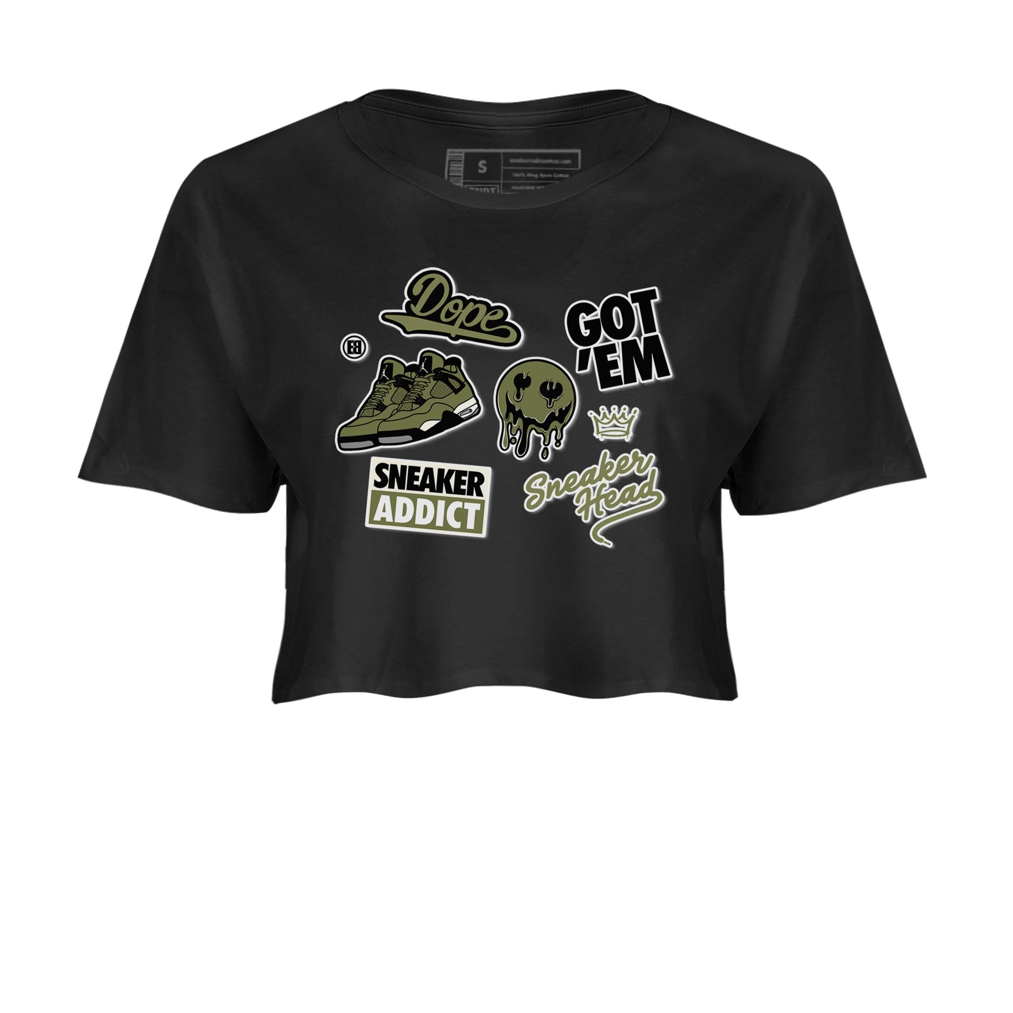 AJ4 Medium Olive shirt to match jordans streetwear brand Sneakerhead Sticker sneaker matching tees Air Jordan 4 Medium Olive Drip Gear Zone Black 2 Crop T-Shirt