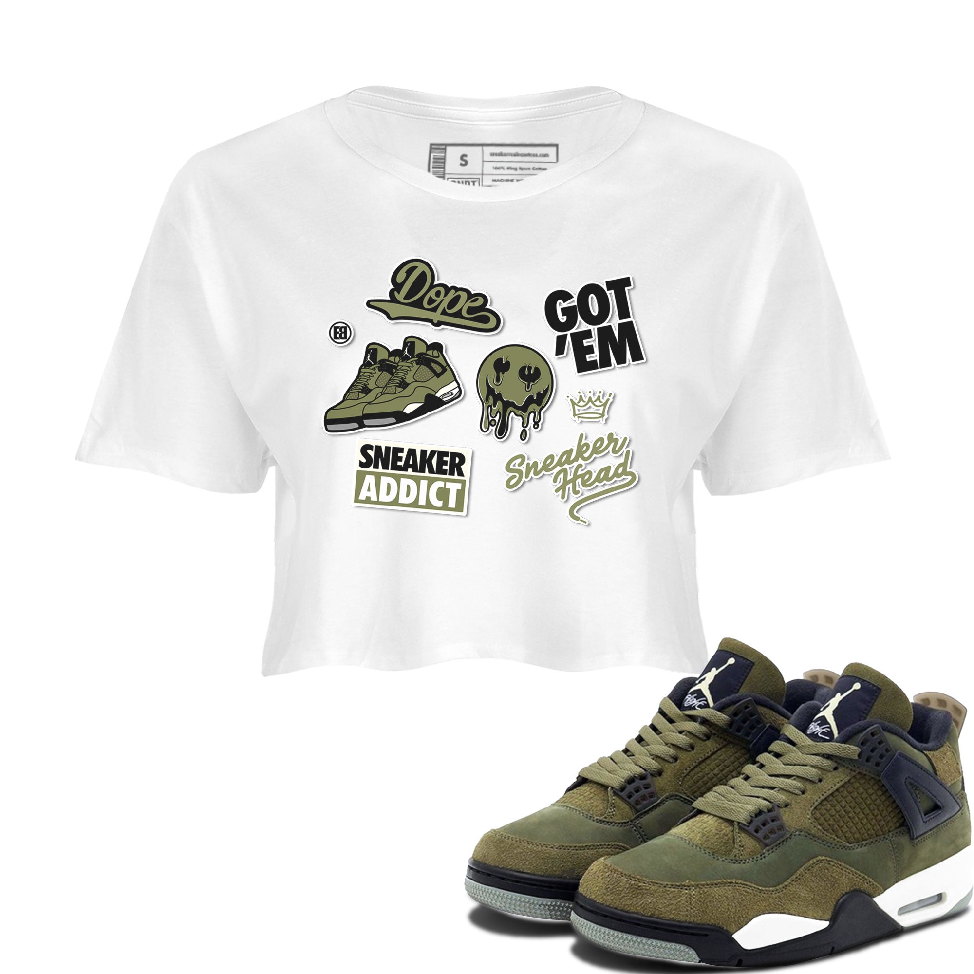 AJ4 Medium Olive shirt to match jordans streetwear brand Sneakerhead Sticker sneaker matching tees Air Jordan 4 Medium Olive Drip Gear Zone White 1 Crop T-Shirt