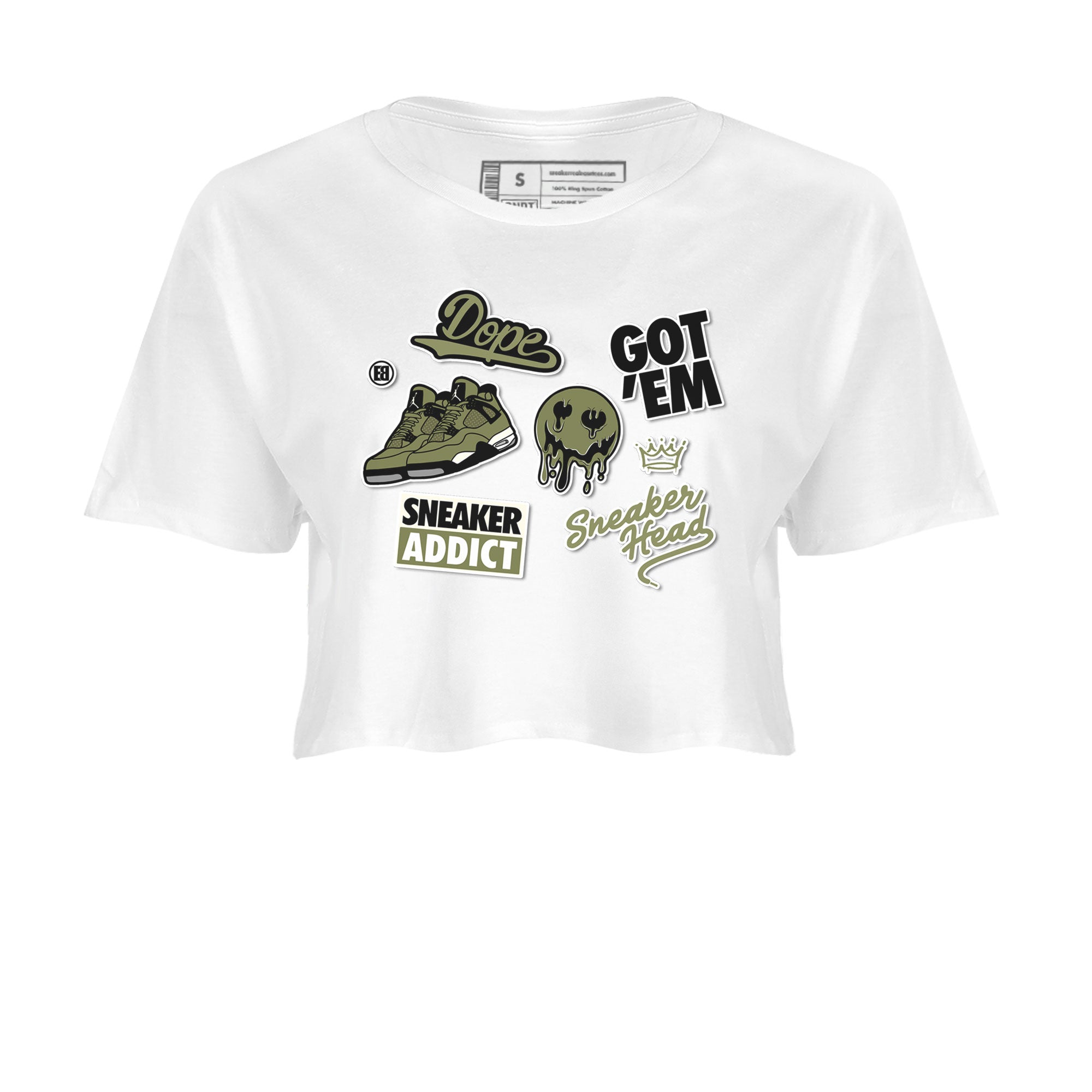 AJ4 Medium Olive shirt to match jordans streetwear brand Sneakerhead Sticker sneaker matching tees Air Jordan 4 Medium Olive Drip Gear Zone White 2 Crop T-Shirt