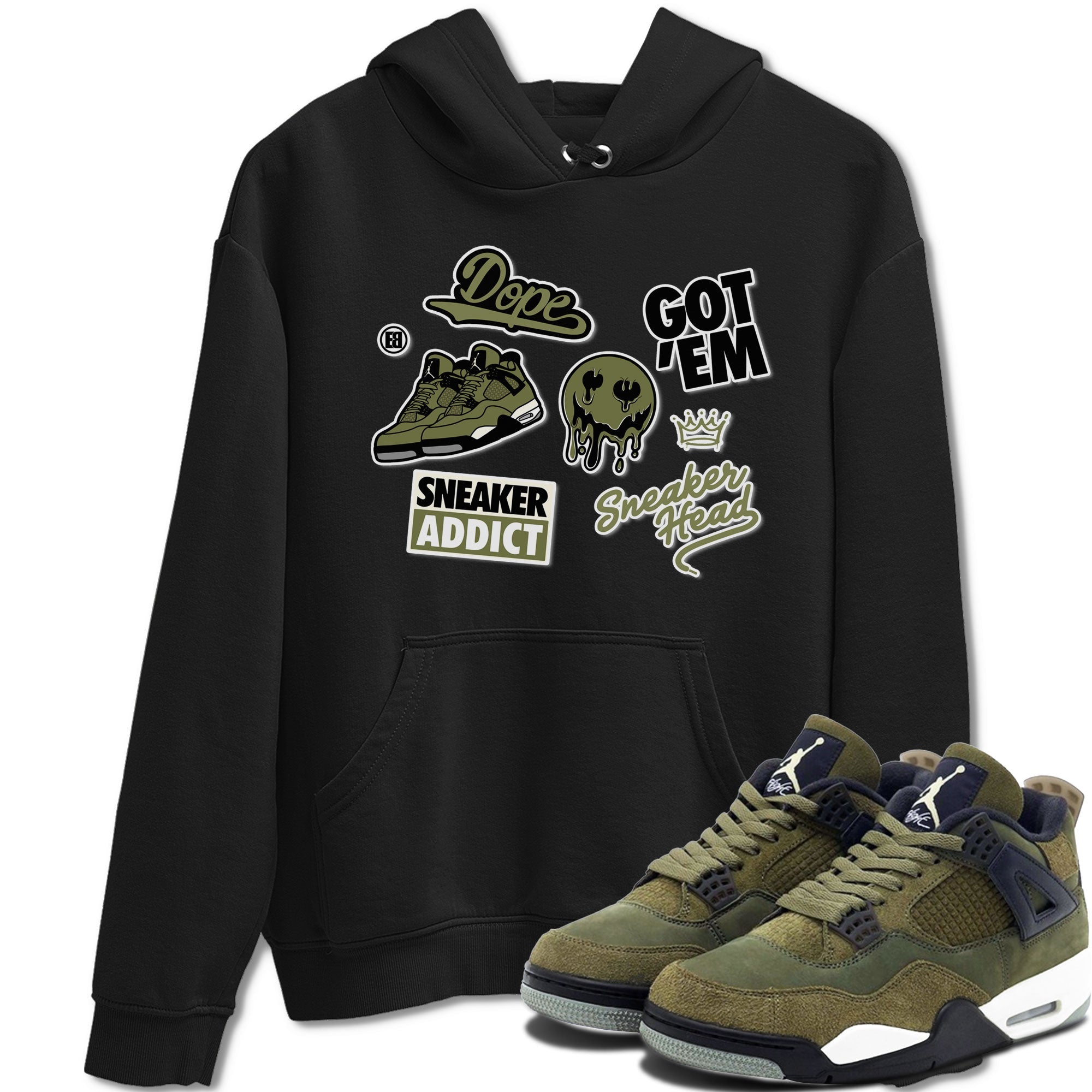 AJ4 Medium Olive shirt to match jordans streetwear brand Sneakerhead Sticker sneaker matching tees Air Jordan 4 Medium Olive Drip Gear Zone Unisex Black 1 T-Shirt