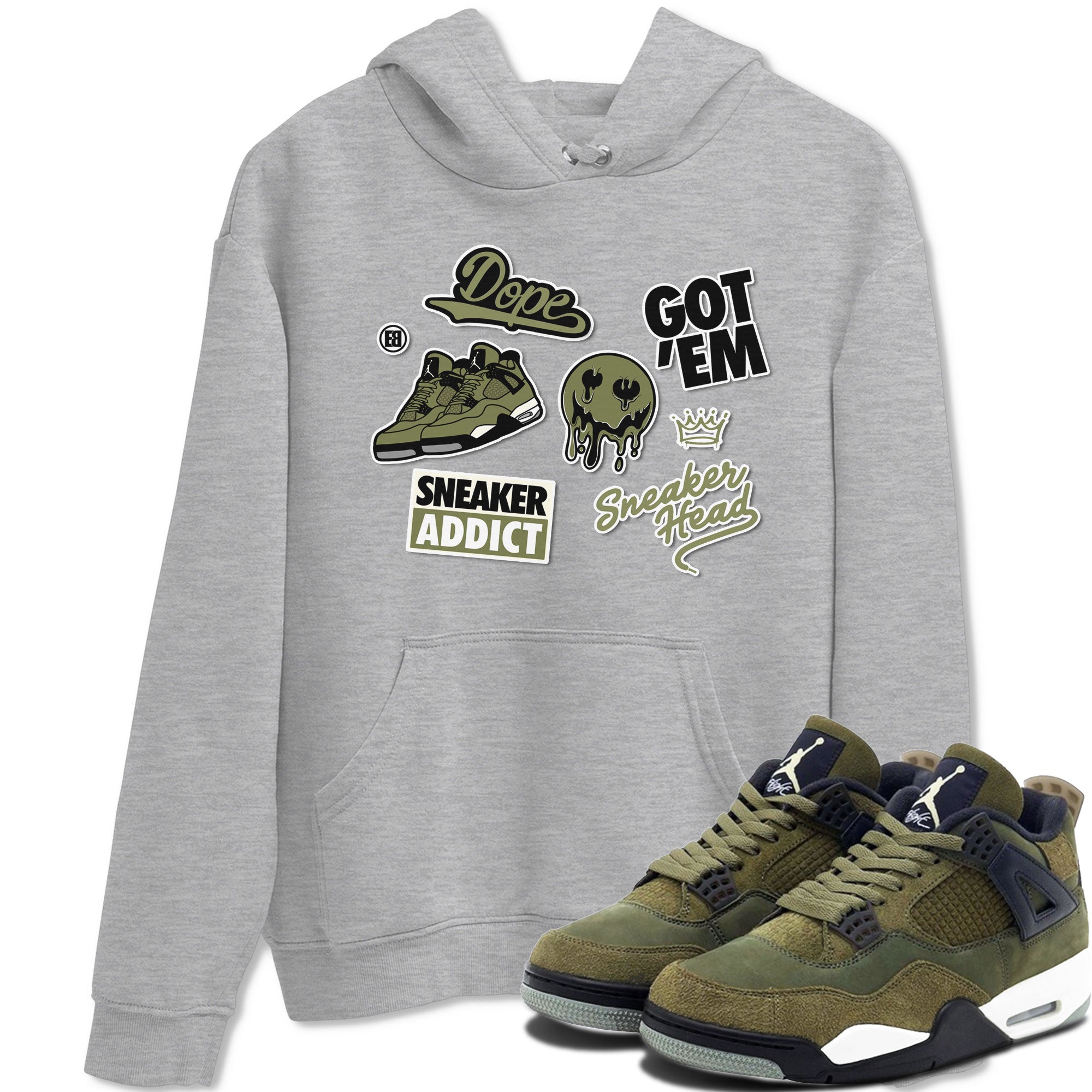 AJ4 Medium Olive shirt to match jordans streetwear brand Sneakerhead Sticker sneaker matching tees Air Jordan 4 Medium Olive Drip Gear Zone Unisex Heather Grey 1 T-Shirt