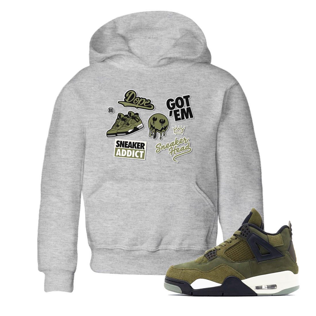 AJ4 Medium Olive shirt to match jordans streetwear brand Sneakerhead Sticker sneaker matching tees Air Jordan 4 Medium Olive Drip Gear Zone Baby Toddler Heather Grey 1 T-Shirt