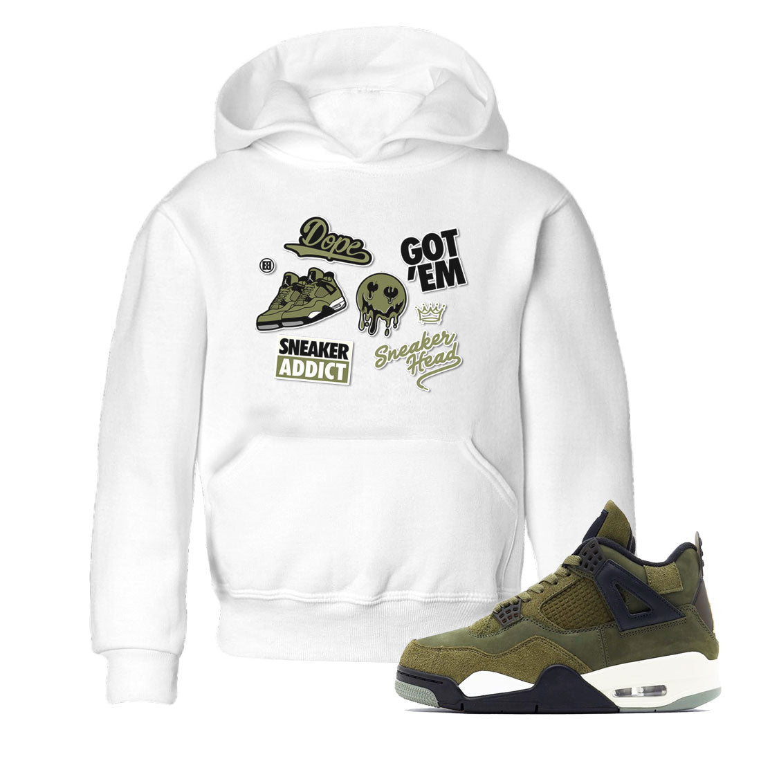 AJ4 Medium Olive shirt to match jordans streetwear brand Sneakerhead Sticker sneaker matching tees Air Jordan 4 Medium Olive Drip Gear Zone Baby Toddler White 1 T-Shirt