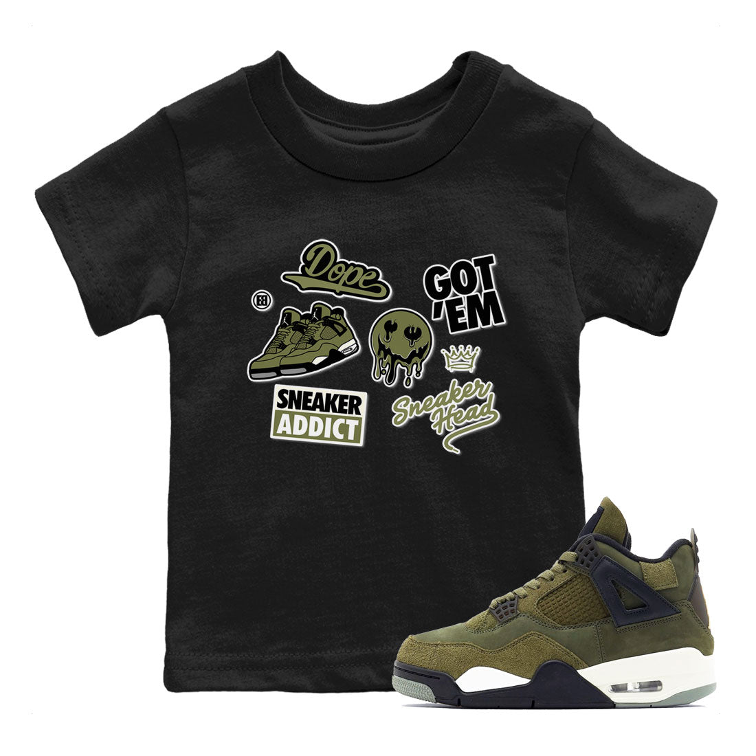 AJ4 Medium Olive shirt to match jordans streetwear brand Sneakerhead Sticker sneaker matching tees Air Jordan 4 Medium Olive Drip Gear Zone Baby Toddler Black 1 T-Shirt