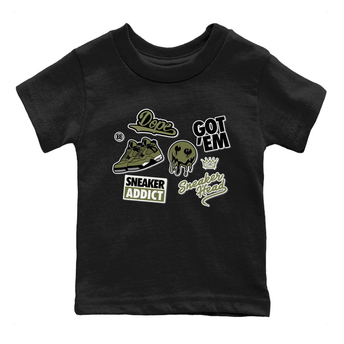 AJ4 Medium Olive shirt to match jordans streetwear brand Sneakerhead Sticker sneaker matching tees Air Jordan 4 Medium Olive Drip Gear Zone Baby Toddler Black 2 T-Shirt