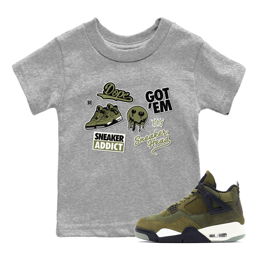 AJ4 Medium Olive shirt to match jordans streetwear brand Sneakerhead Sticker sneaker matching tees Air Jordan 4 Medium Olive Drip Gear Zone Baby Toddler Heather Grey 1 T-Shirt