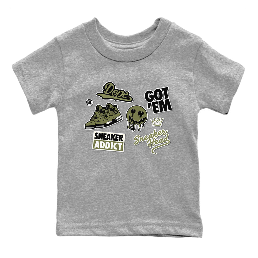AJ4 Medium Olive shirt to match jordans streetwear brand Sneakerhead Sticker sneaker matching tees Air Jordan 4 Medium Olive Drip Gear Zone Baby Toddler Heather Grey 2 T-Shirt