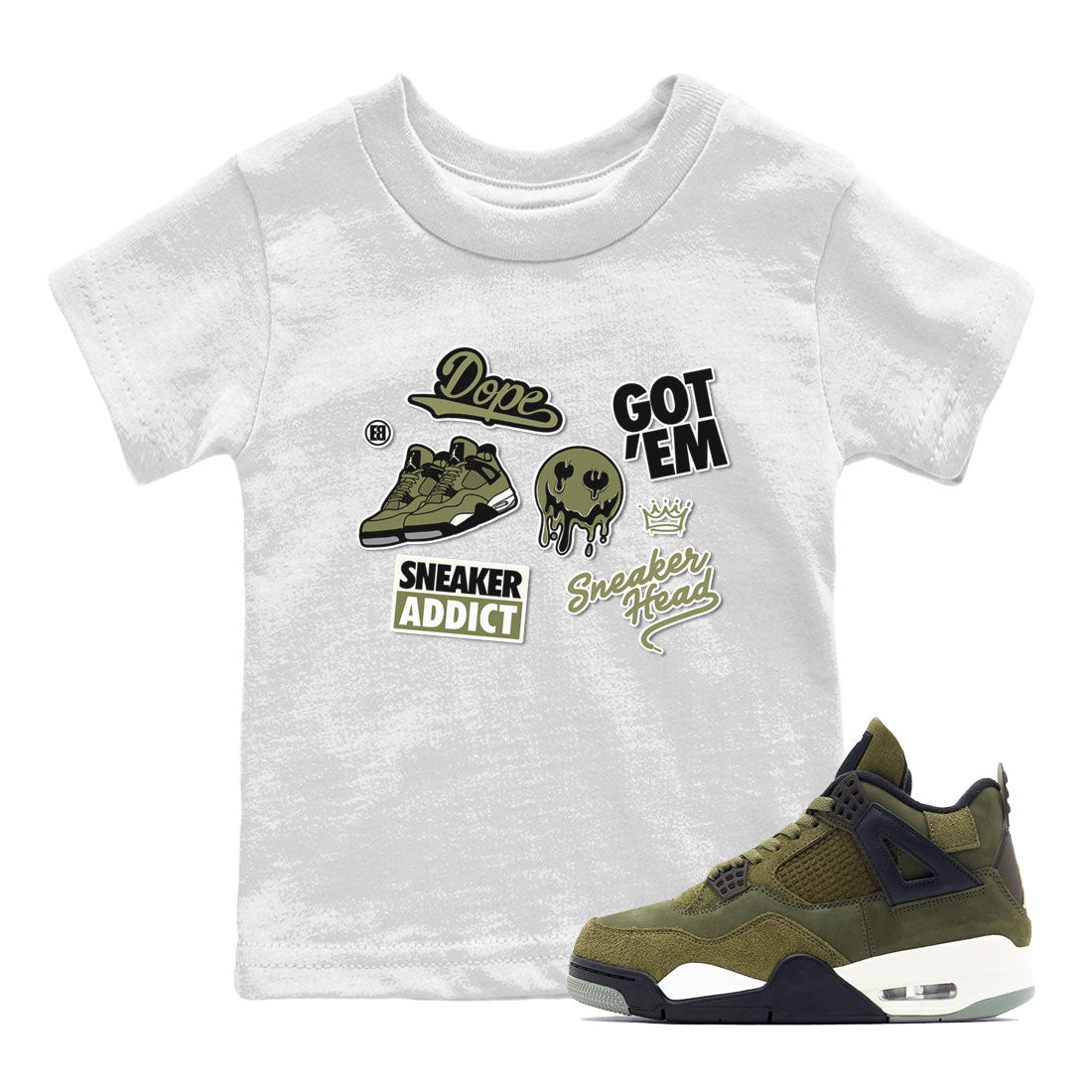 AJ4 Medium Olive shirt to match jordans streetwear brand Sneakerhead Sticker sneaker matching tees Air Jordan 4 Medium Olive Drip Gear Zone Baby Toddler White 1 T-Shirt