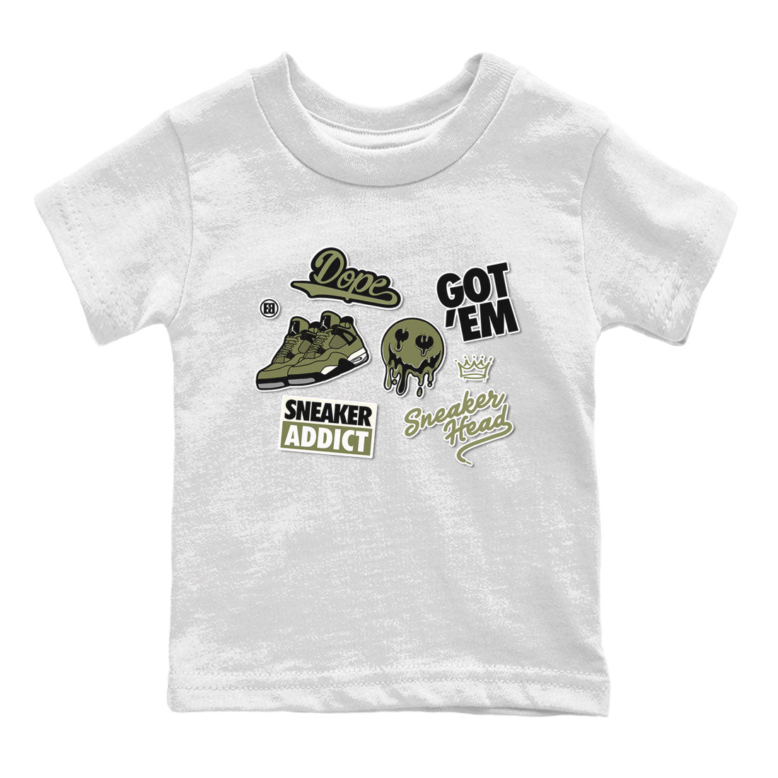 AJ4 Medium Olive shirt to match jordans streetwear brand Sneakerhead Sticker sneaker matching tees Air Jordan 4 Medium Olive Drip Gear Zone Baby Toddler White 2 T-Shirt