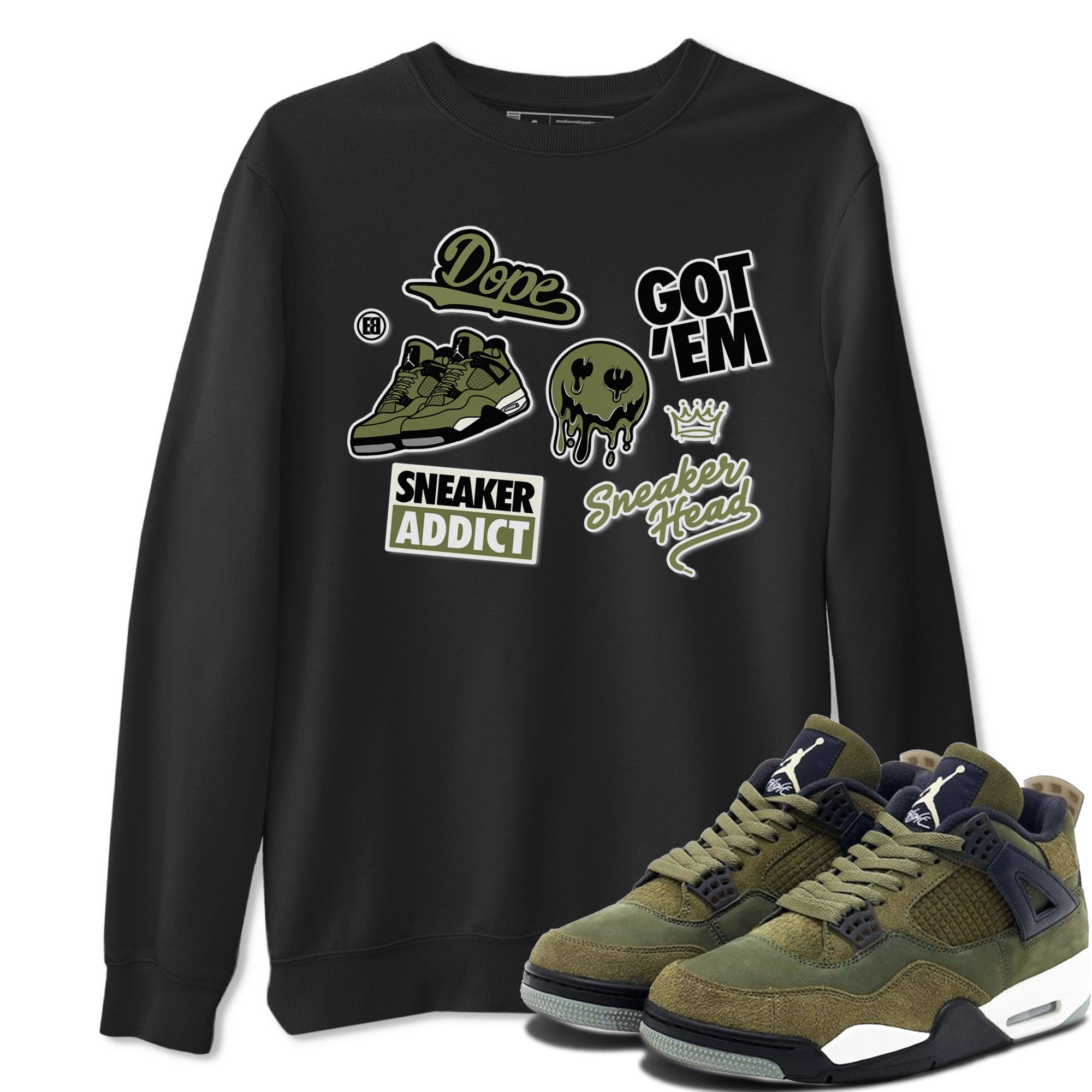 AJ4 Medium Olive shirt to match jordans streetwear brand Sneakerhead Sticker sneaker matching tees Air Jordan 4 Medium Olive Drip Gear Zone Unisex Black 1 T-Shirt