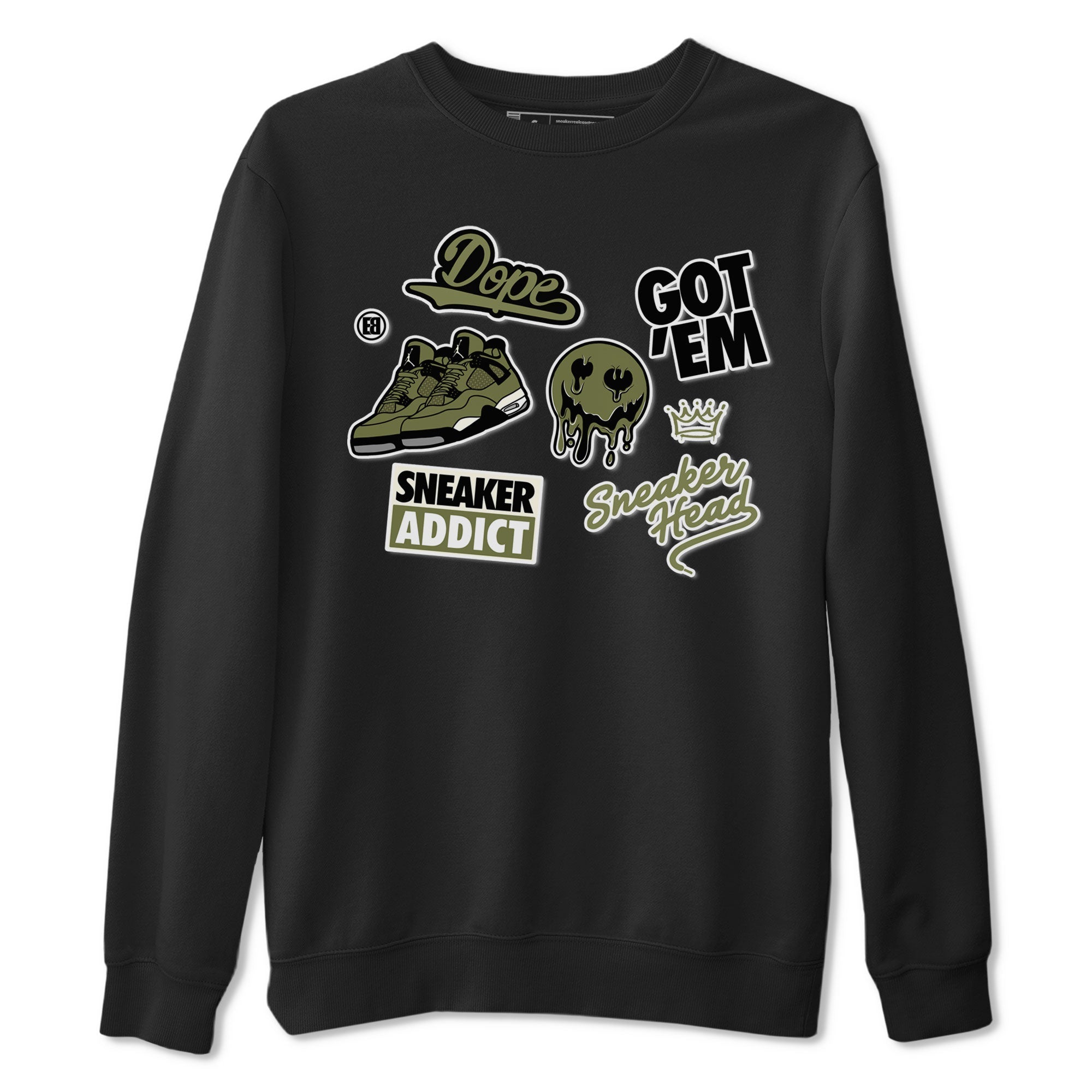 AJ4 Medium Olive shirt to match jordans streetwear brand Sneakerhead Sticker sneaker matching tees Air Jordan 4 Medium Olive Drip Gear Zone Unisex Black 2 T-Shirt