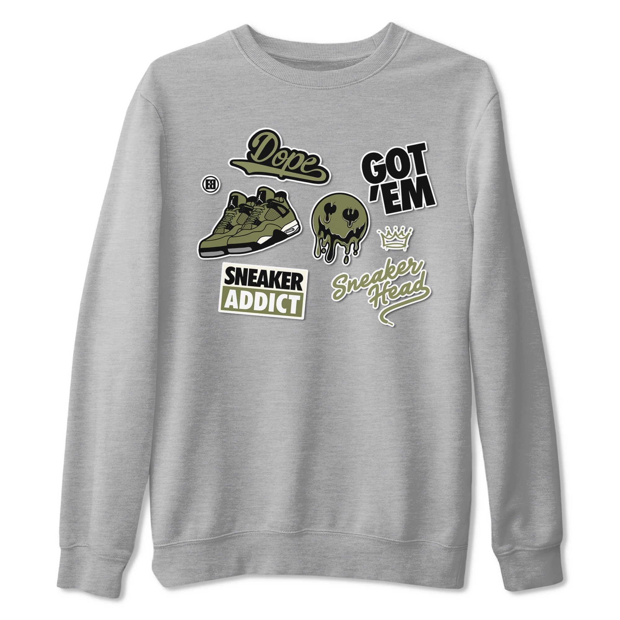 AJ4 Medium Olive shirt to match jordans streetwear brand Sneakerhead Sticker sneaker matching tees Air Jordan 4 Medium Olive Drip Gear Zone Unisex Heather Grey 2 T-Shirt