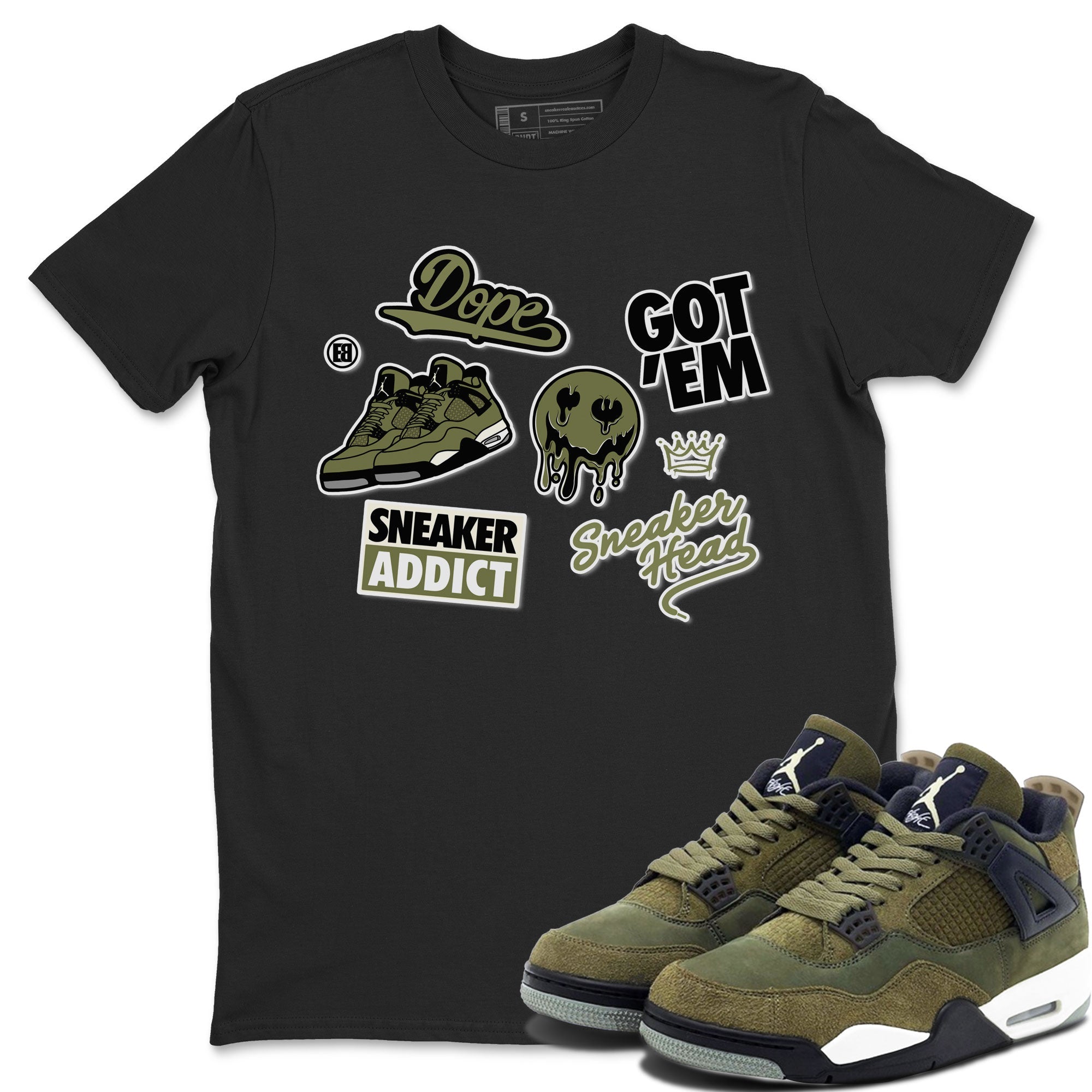 AJ4 Medium Olive shirt to match jordans streetwear brand Sneakerhead Sticker sneaker matching tees Air Jordan 4 Medium Olive Drip Gear Zone Unisex Black 1 T-Shirt