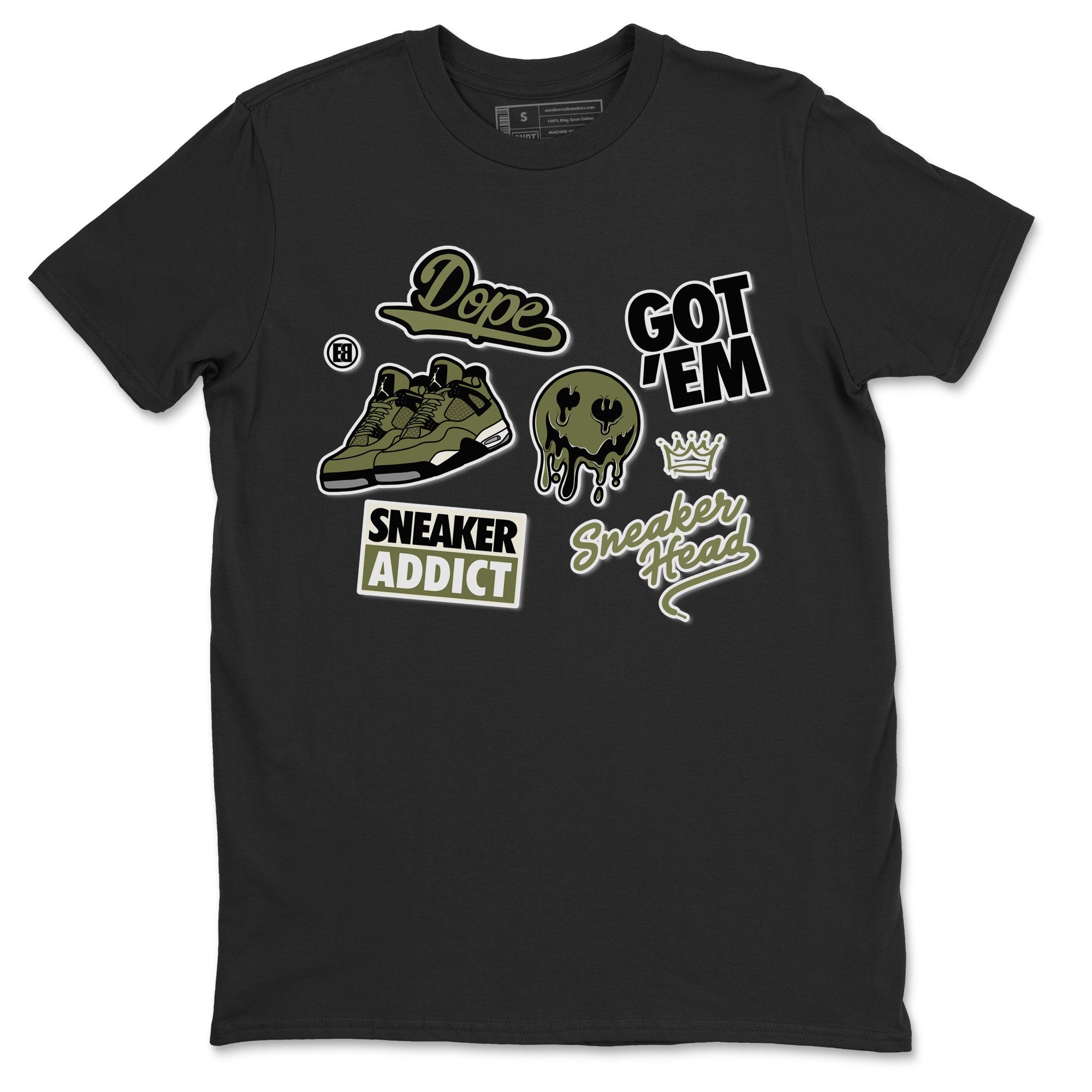 AJ4 Medium Olive shirt to match jordans streetwear brand Sneakerhead Sticker sneaker matching tees Air Jordan 4 Medium Olive Drip Gear Zone Unisex Black 2 T-Shirt