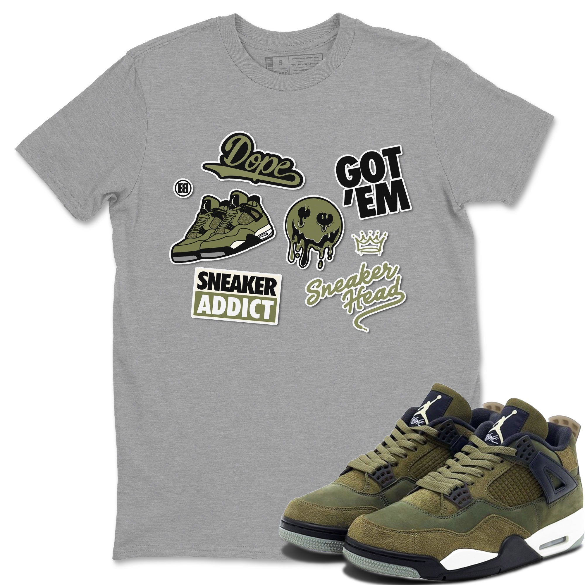 AJ4 Medium Olive shirt to match jordans streetwear brand Sneakerhead Sticker sneaker matching tees Air Jordan 4 Medium Olive Drip Gear Zone Unisex Heather Grey 1 T-Shirt