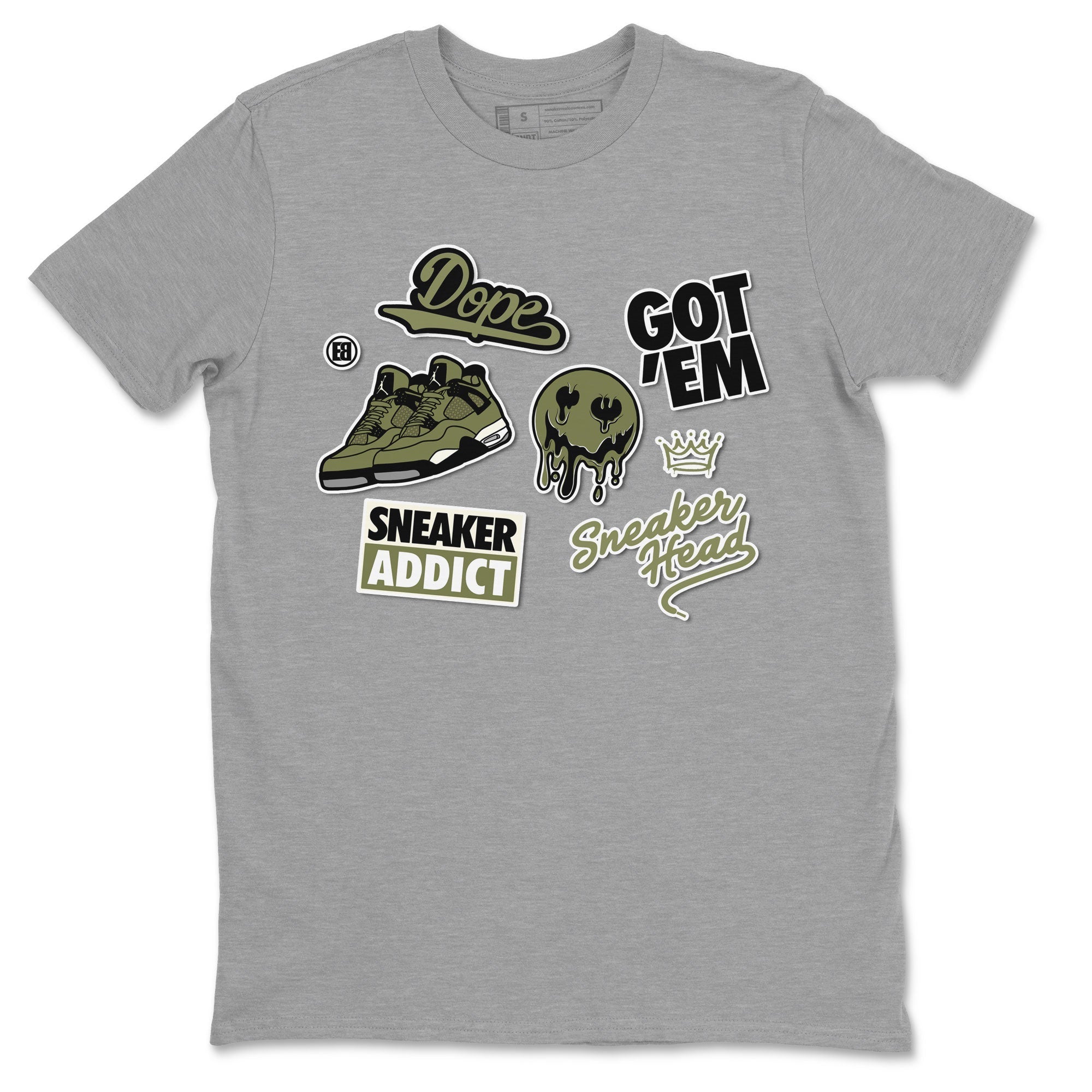 AJ4 Medium Olive shirt to match jordans streetwear brand Sneakerhead Sticker sneaker matching tees Air Jordan 4 Medium Olive Drip Gear Zone Unisex Heather Grey 2 T-Shirt