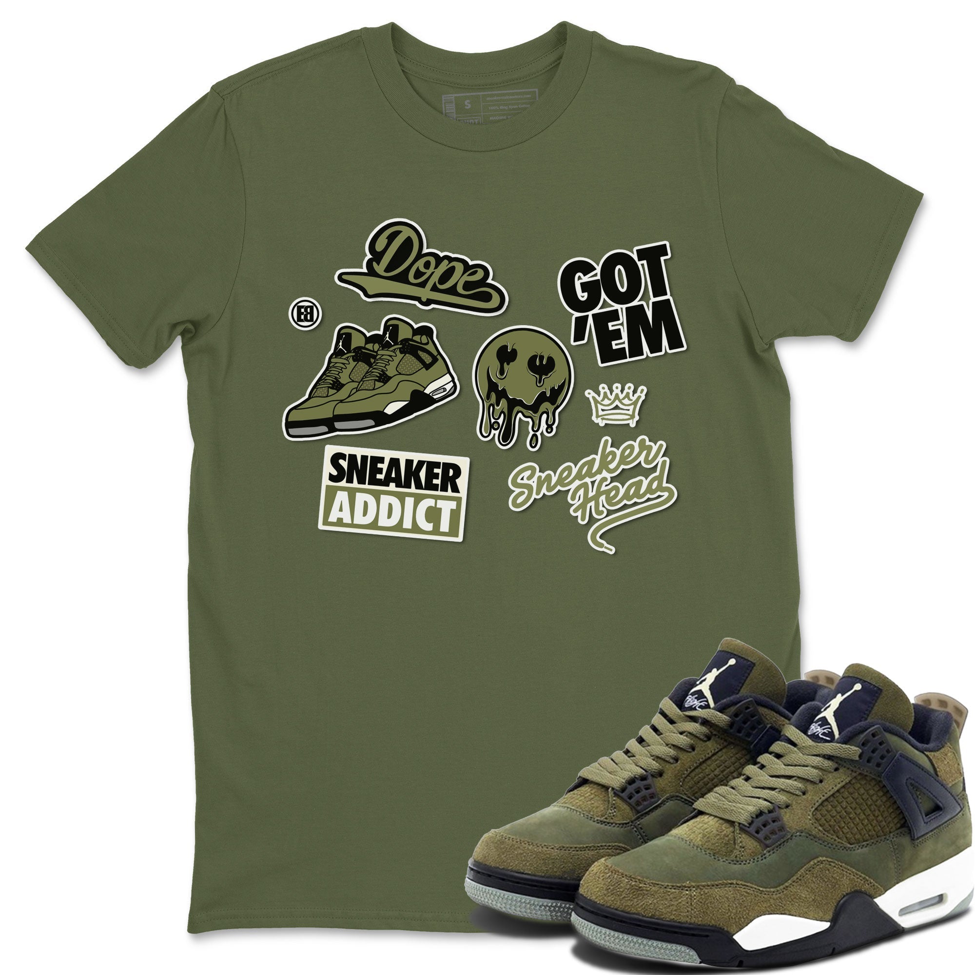 AJ4 Medium Olive shirt to match jordans streetwear brand Sneakerhead Sticker sneaker matching tees Air Jordan 4 Medium Olive Drip Gear Zone Unisex Military Green 1 T-Shirt