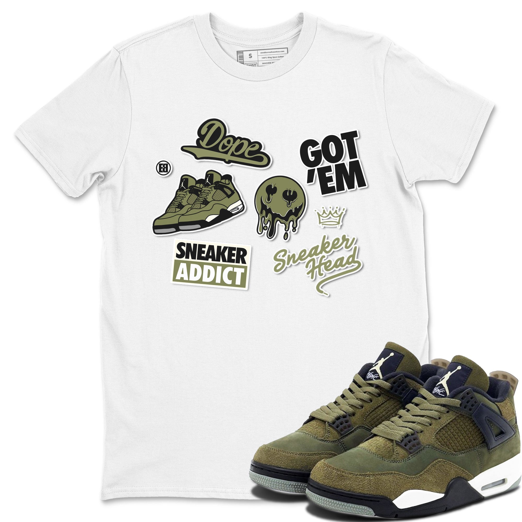 AJ4 Medium Olive shirt to match jordans streetwear brand Sneakerhead Sticker sneaker matching tees Air Jordan 4 Medium Olive Drip Gear Zone Unisex White 1 T-Shirt