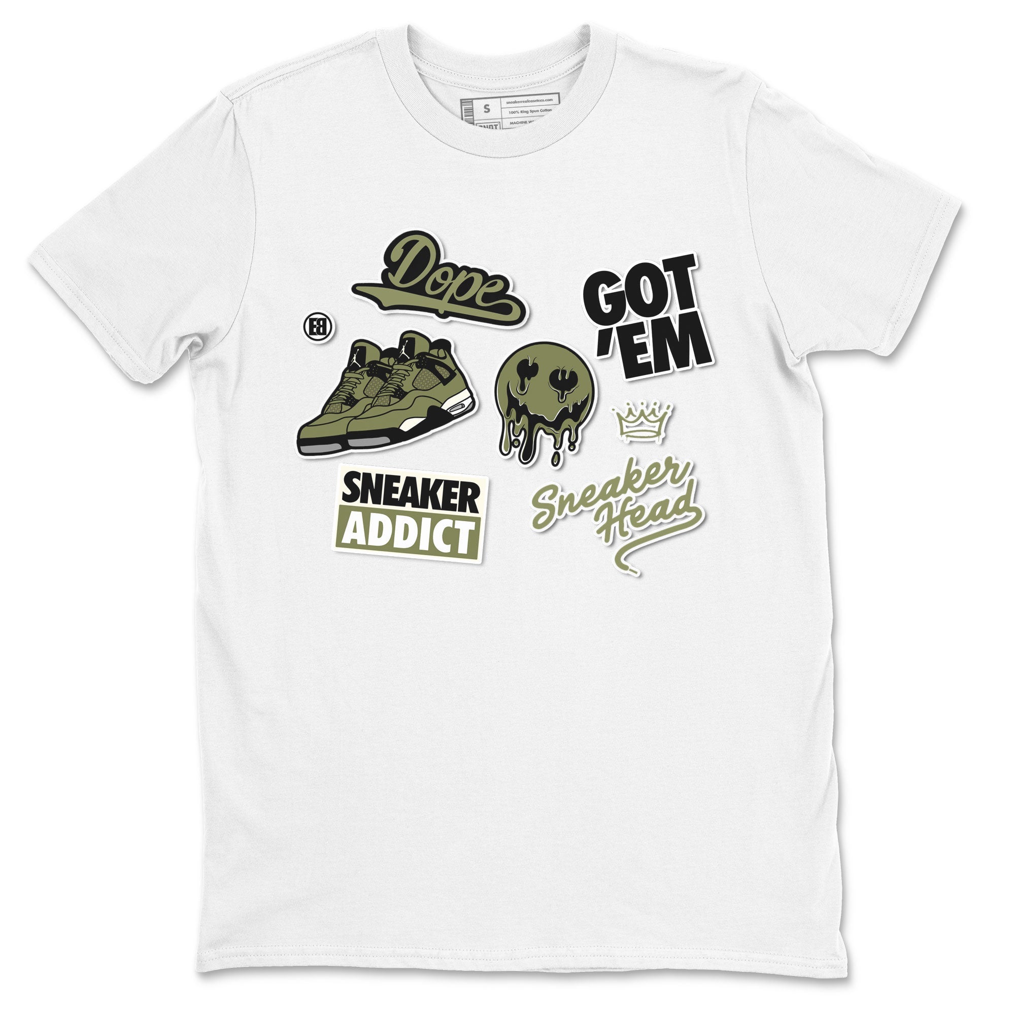 AJ4 Medium Olive shirt to match jordans streetwear brand Sneakerhead Sticker sneaker matching tees Air Jordan 4 Medium Olive Drip Gear Zone Unisex White 2 T-Shirt