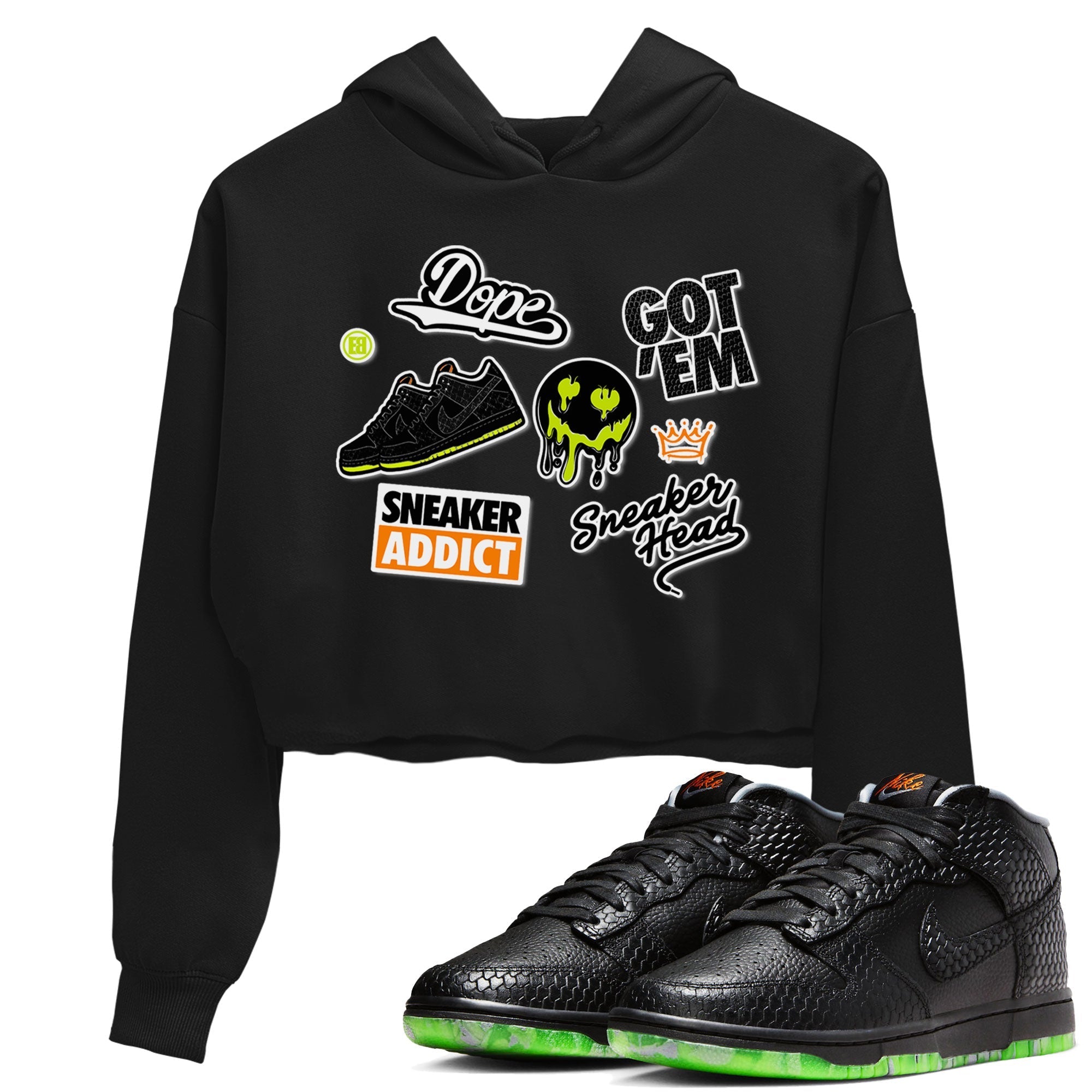 Dunk Halloween shirt to match jordans Sneakerhead Sticker sneaker tees Special Halloween Costume Dunk Mid Halloween Drip Gear Zone Black 1 Crop T-Shirt
