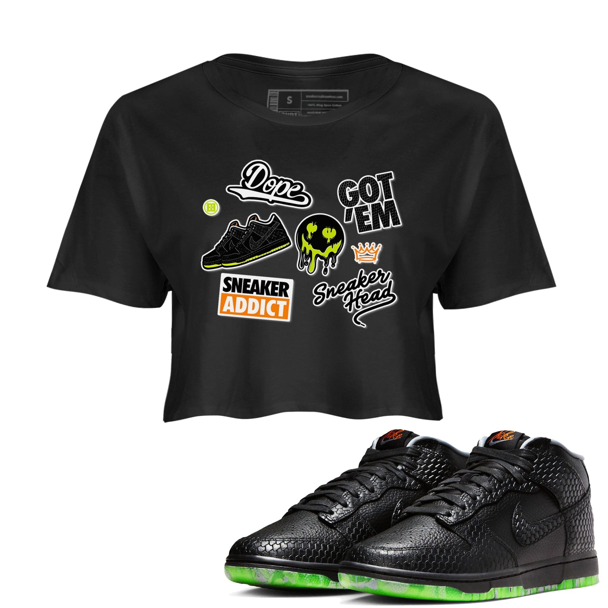 Dunk Halloween shirt to match jordans Sneakerhead Sticker sneaker tees Special Halloween Costume Dunk Mid Halloween Drip Gear Zone Black 1 Crop T-Shirt