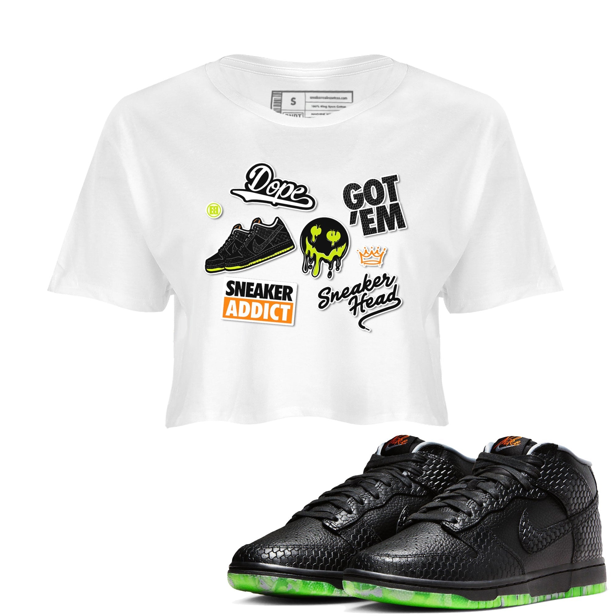 Dunk Halloween shirt to match jordans Sneakerhead Sticker sneaker tees Special Halloween Costume Dunk Mid Halloween Drip Gear Zone White 1 Crop T-Shirt